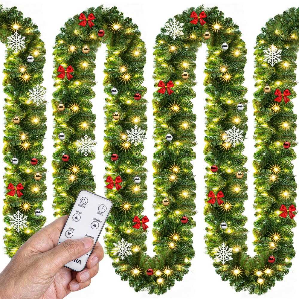 Casaria Guirnalda de Navidad Abeto 5m 80LEDs Blanco Cálido Incl. Mando a Distancia 7 Modos Luz y Decoración Navideña | Mando Distancia, 7 Modos Luz, IP44, Blanco Cálido, incl. Adornos, Resistente Intemperie, Decoración Exterior Interior