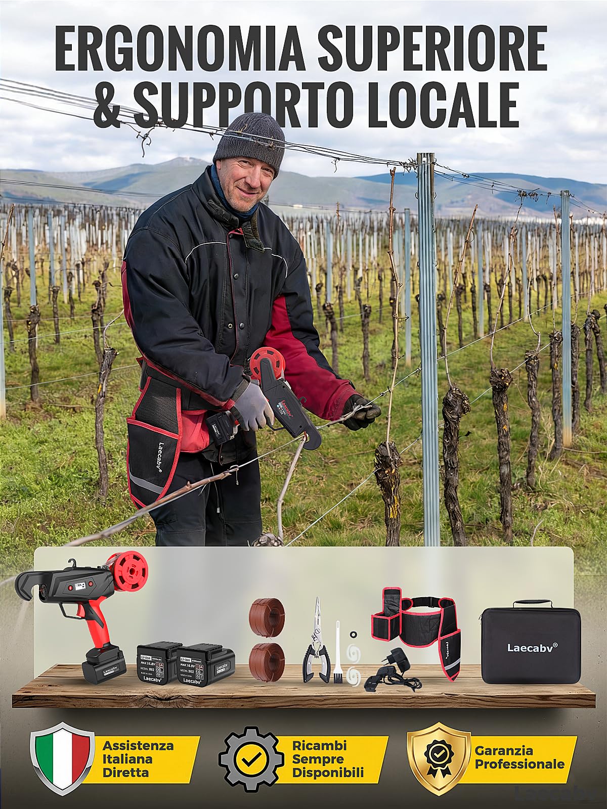 Laecabv Legatrice per Vigneto a Batteria, 6 Livelli di avvolgimento, Legatrice elettrica a 2X2Ah Batteria al Litio, Vine