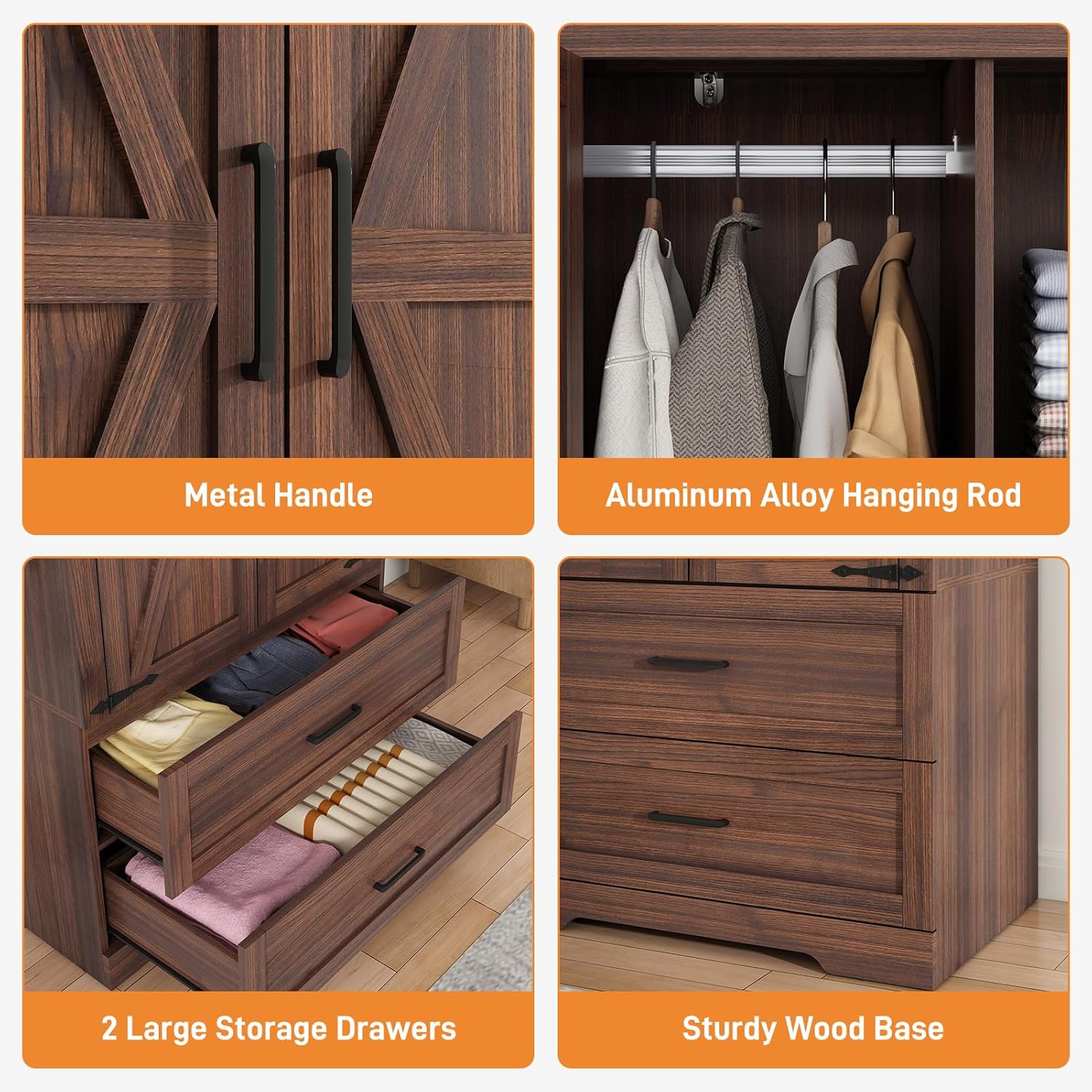 St.Mandyu Farmhouse Wardrobe Armoire Closet with 2 Doors and 2 Drawers, 70.1" Wooden Clothing Storage Cabinet, Freestanding Large Capacity Storage Wardrobe Armoire with Hanging Rod for Bedroom, Brown