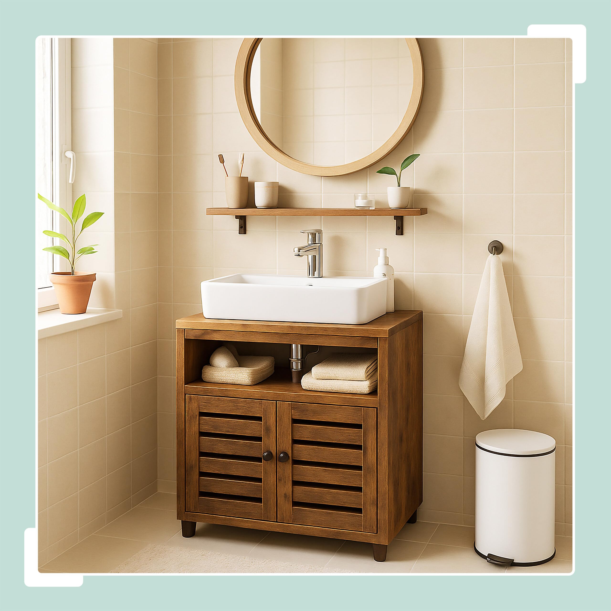 Relaxdays Mobile lavabo, H x L x P: 63 x 60 x 30 cm, 2 Scomparti, MDF, Bagno, Marrone, Mobiletti