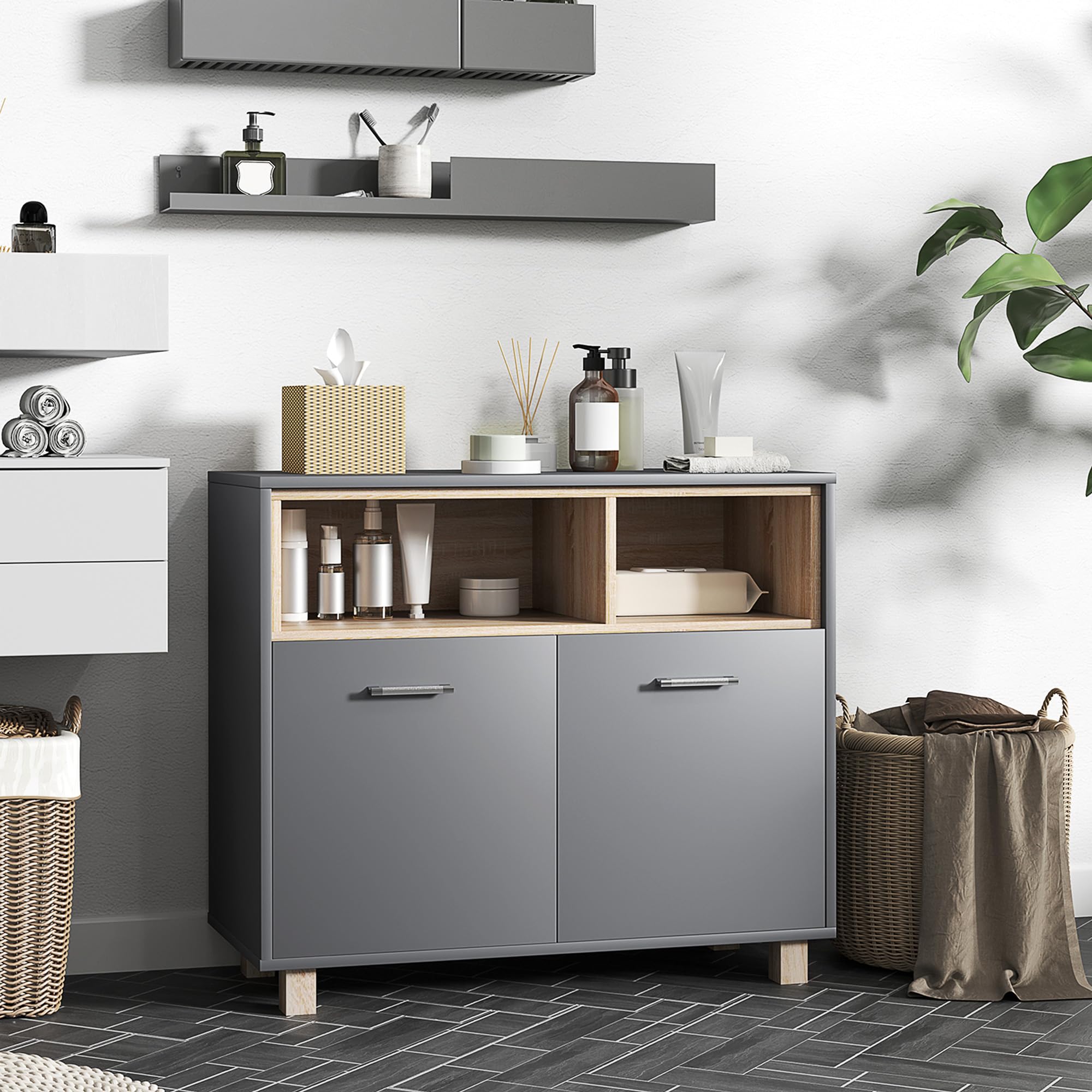 HOMCOM Meuble Salle de Bain Rangement Style Moderne 80l x 35P x 70H cm Gris