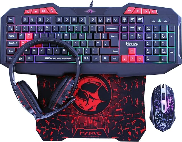 Marvo CM375 4 in 1 Gaming Peripheral Set - 7 Colour Backlit Keyboard, 3200dpi Optical RGB Mouse, S Size 287mm x 244mm Mouse Pad, Stereo Headset