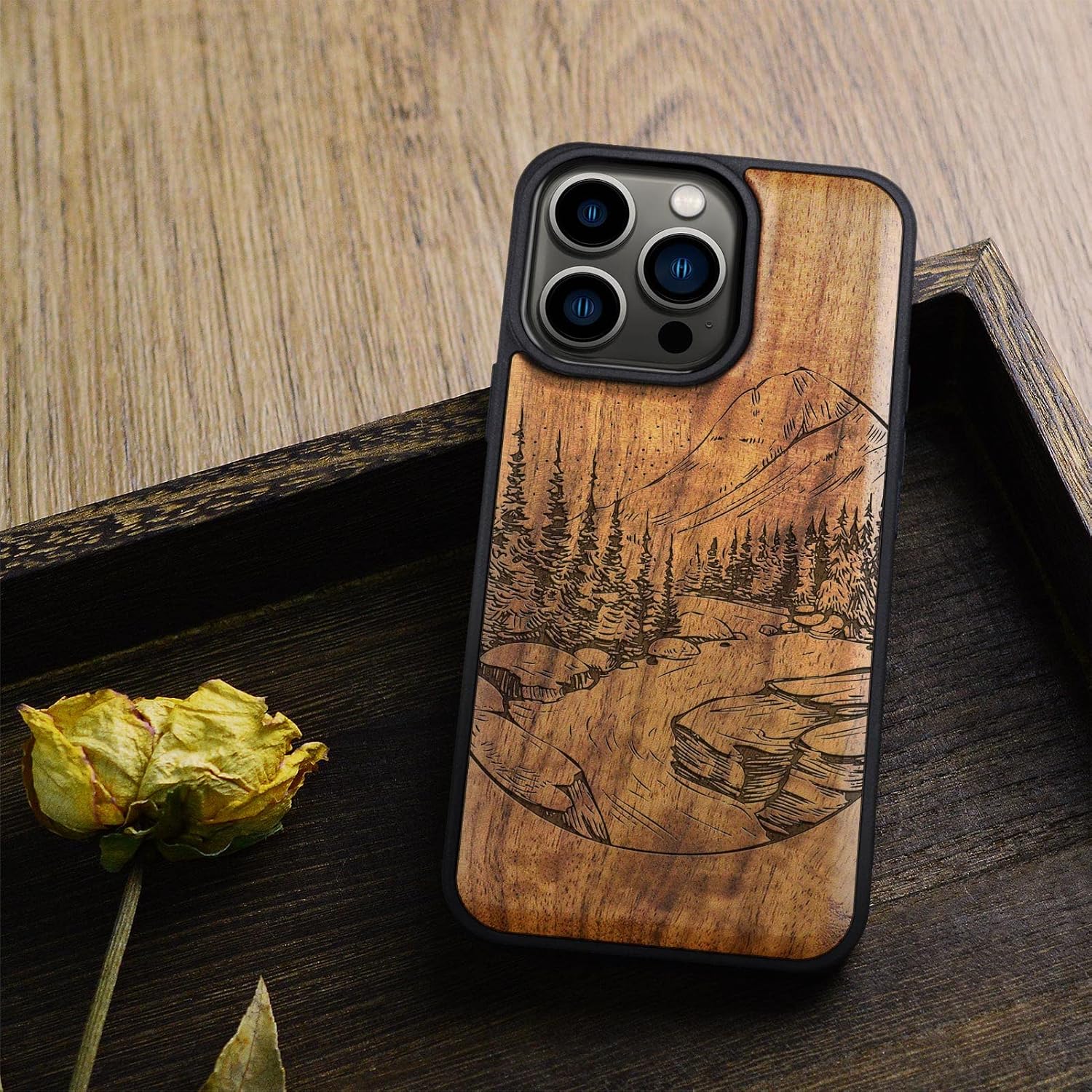 Carveit Magnetic Wood Case for iPhone 14 Pro Case [Natural Wood & Black Soft TPU] Unique & Classy Wooden Shockproof Protective Cover Compatible with magsafe (Natural Landscape -Walnut)