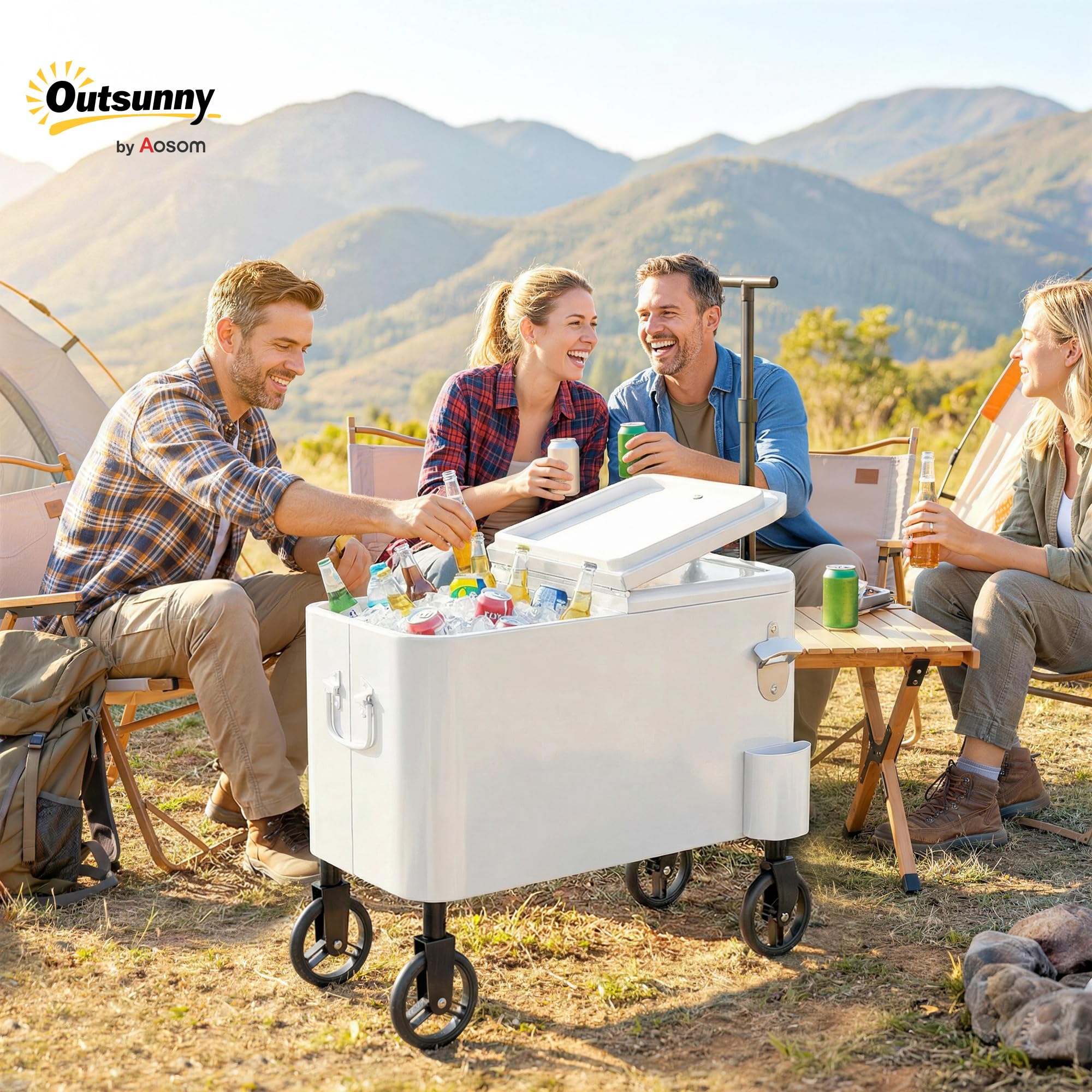 Outsunny Chariot réfrigérant 56L décapsuleur 75x35x120 cm Blanc