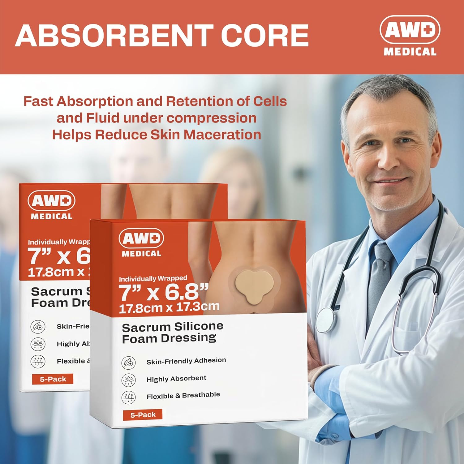 Bordered Sacrum Silicone Foam Dressing for Wound Care - Bed Sore Bandages - Waterproof and Breathable Silicone Bandages, Sacral Foam Dressing Absorbs Moderate to High Exudate - 5 per Box (7" x 6.8") - Image 9