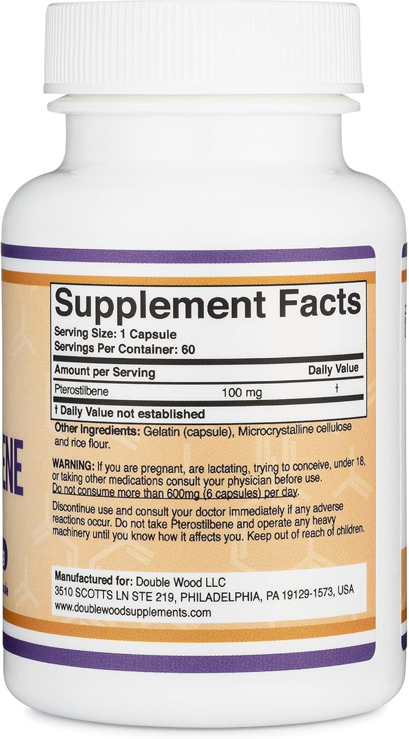 Pterostilbene Supplement 100mg Capsules (Third Party Tested) 60 Capsules, Superior to Resveratrol, Antioxidant for Longevity Support (Non-GMO, Gluten Free) by Double Wood (Pack of 2)