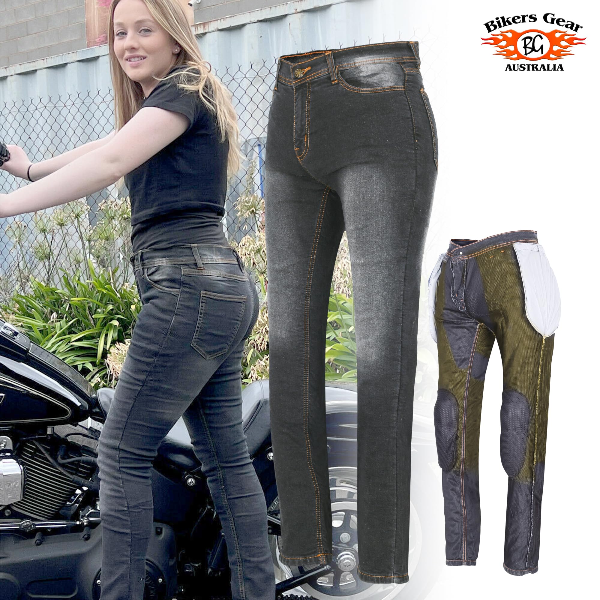 Bikers Gear Australia Damen New Ladies Stone Wash Grey Stretch Kevlar Motorcycle Jeans with Removable CE1621-1 Armour Grey Stone Wash Kevlar