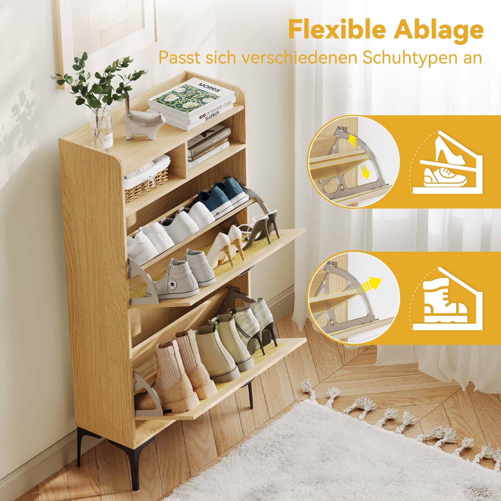 Dripex Schuhschrank schmal, Schuhkipper mit Rattan-Dekor, 2 Flip-Schubladen,Schuhregal schmal mit Metallfüßen, verstellbaren Fächern für den Eingang, Flur und Wohnzimmer, 60x24x114cm