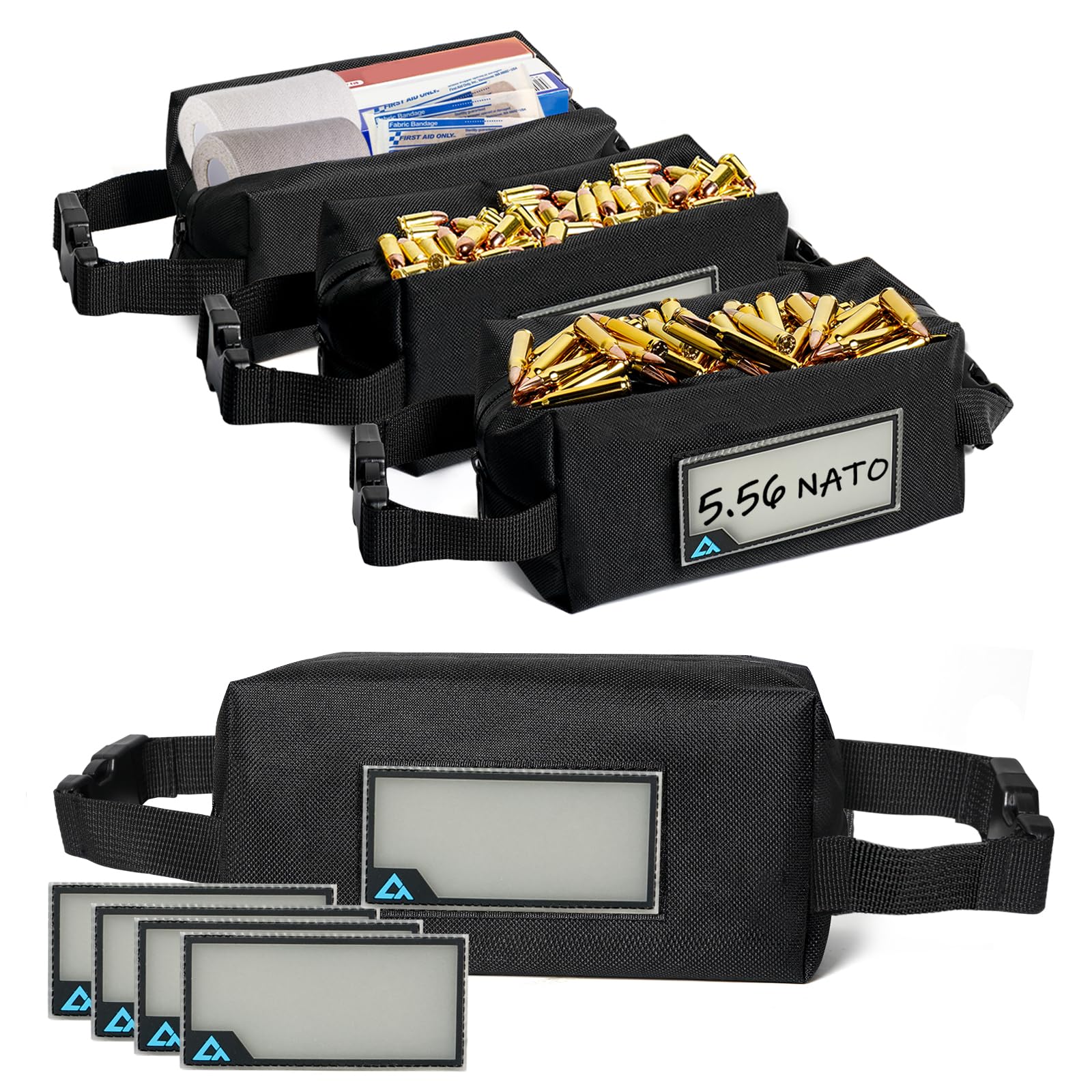 4-Pack Tactical Ammo Bag - CROSSHIP Ammo Pouch Loose Sacs with Snap Handle, 8Pcs Noctilucent ID Patches Included, Fit into or Hang on Rifle Bag&Range Bag, Hunting Shooting Range Gear Tactical Ammo Bag