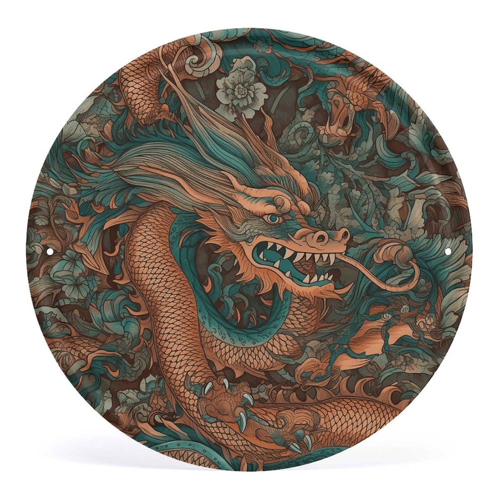 Fodpand Style Intricate Dragon Pattern Round Wall Art Hanging Decorations, Wall Decor Modern Minimalist Artwork, Tin Sign Hanging Picture For Living Room, Bedroom, Office, Hallway, 11.8X11.8 Inch