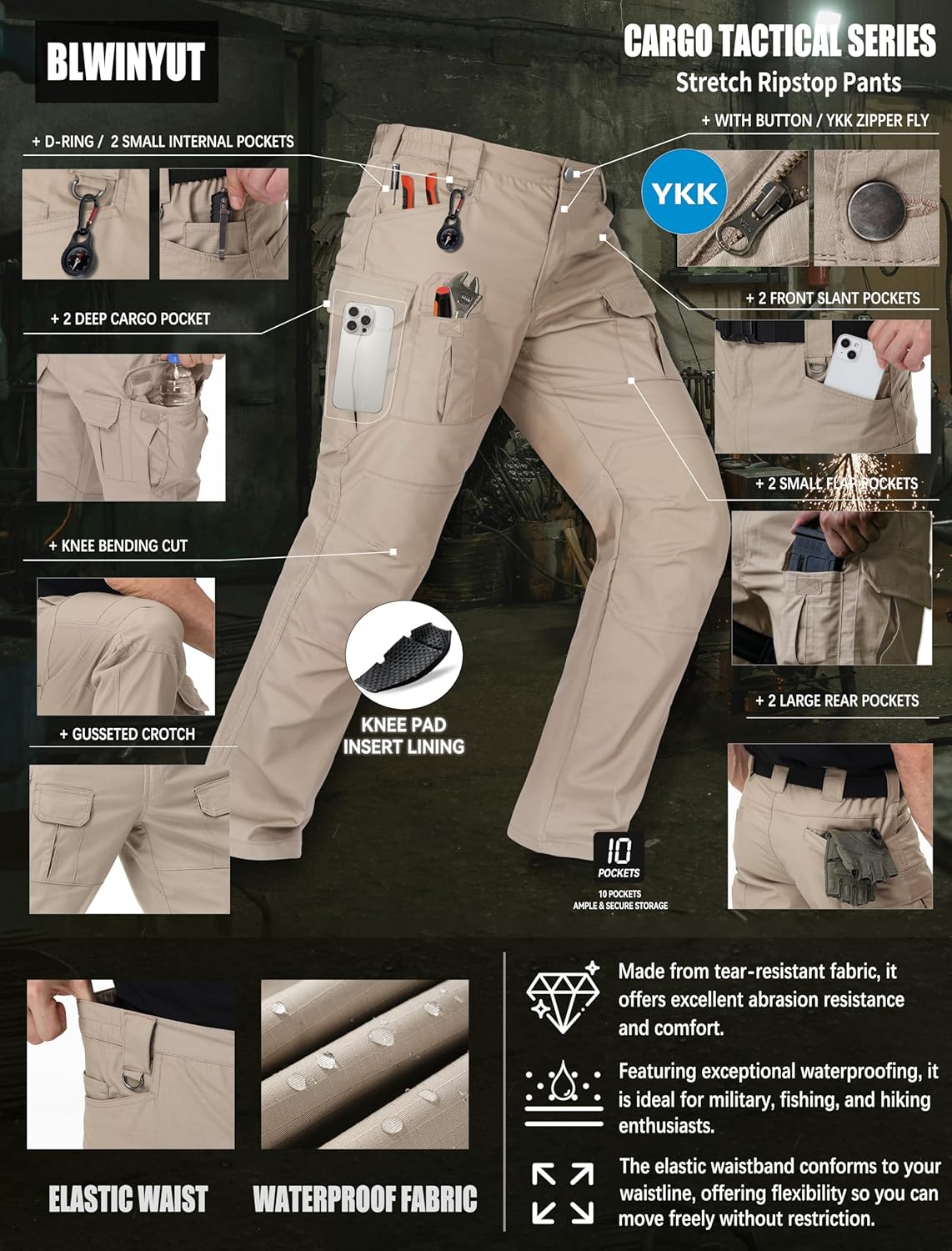 Men's Tactical Pants Water Resistant Stretch Ripstop Cargo Pants Lightweight Outdoor EDC Work Hiking Pants
