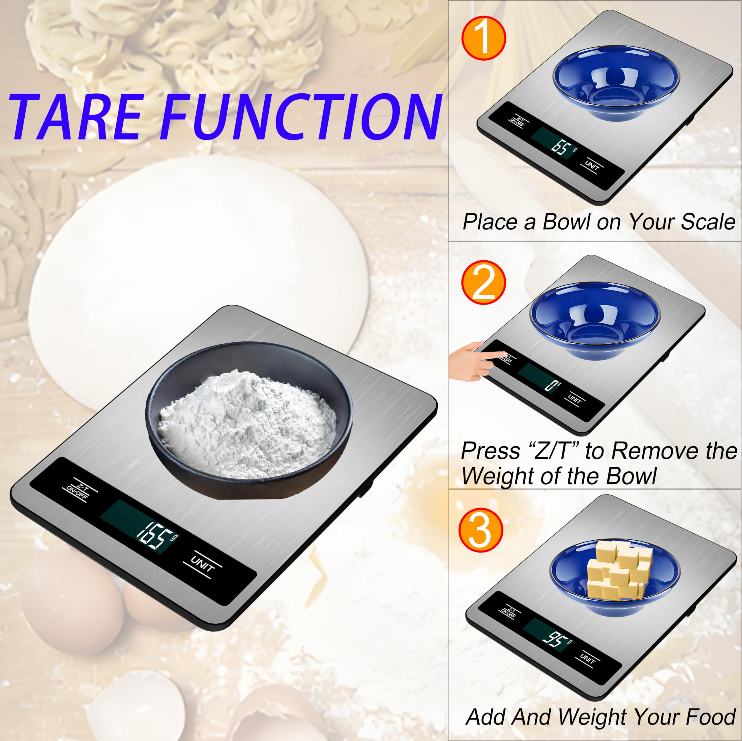 Báscula digital de cocina, 33 lb/15 kg de peso de alta capacidad para hornear, cocinar y preparar comidas, precisión de 1 g, 6 unidades con función de tara, recargable por USB (estilo B)