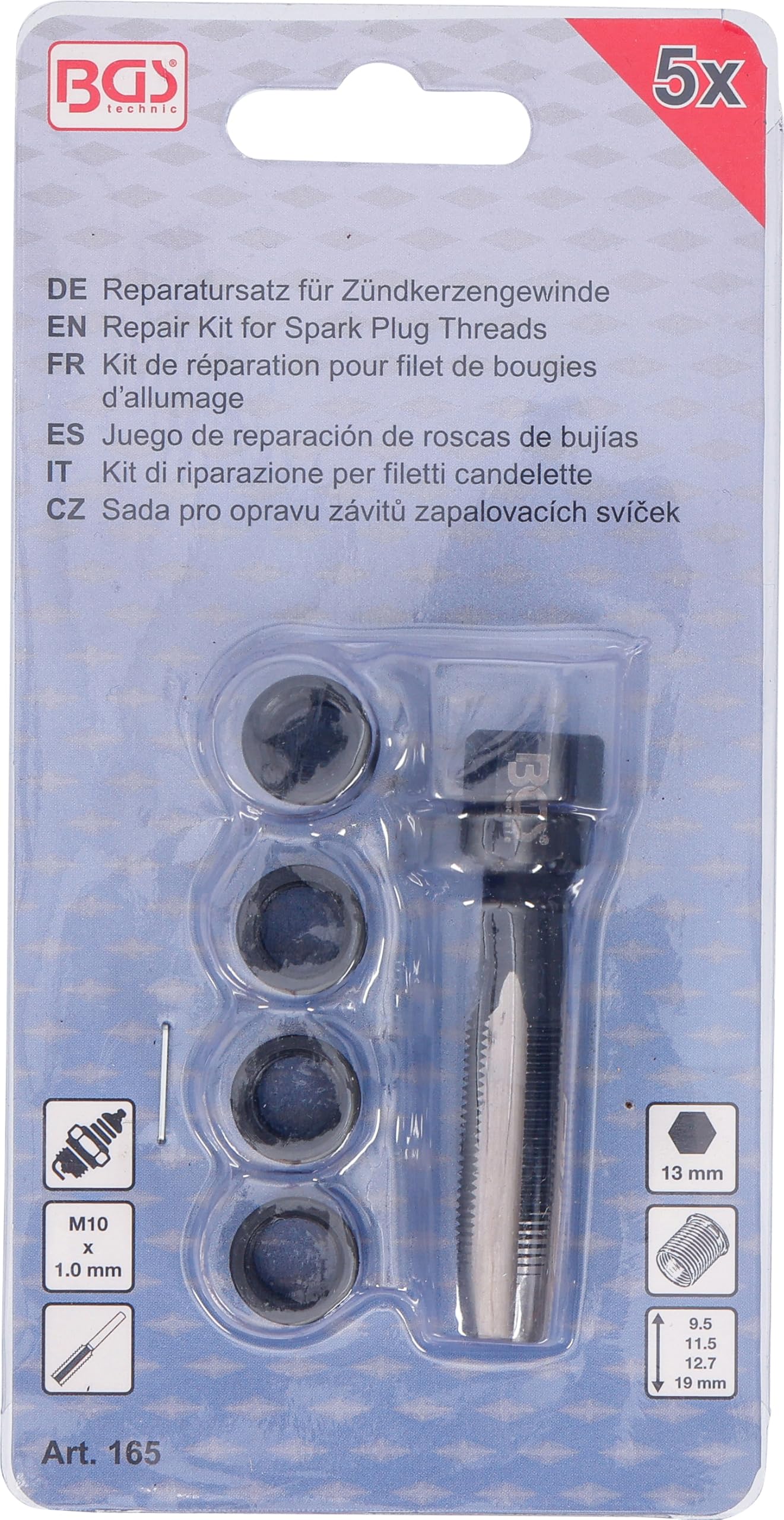 BGS 165 | Kit de réparation pour filet de bougies d’allumage | M10 x 1,0 mm | 5 pièces