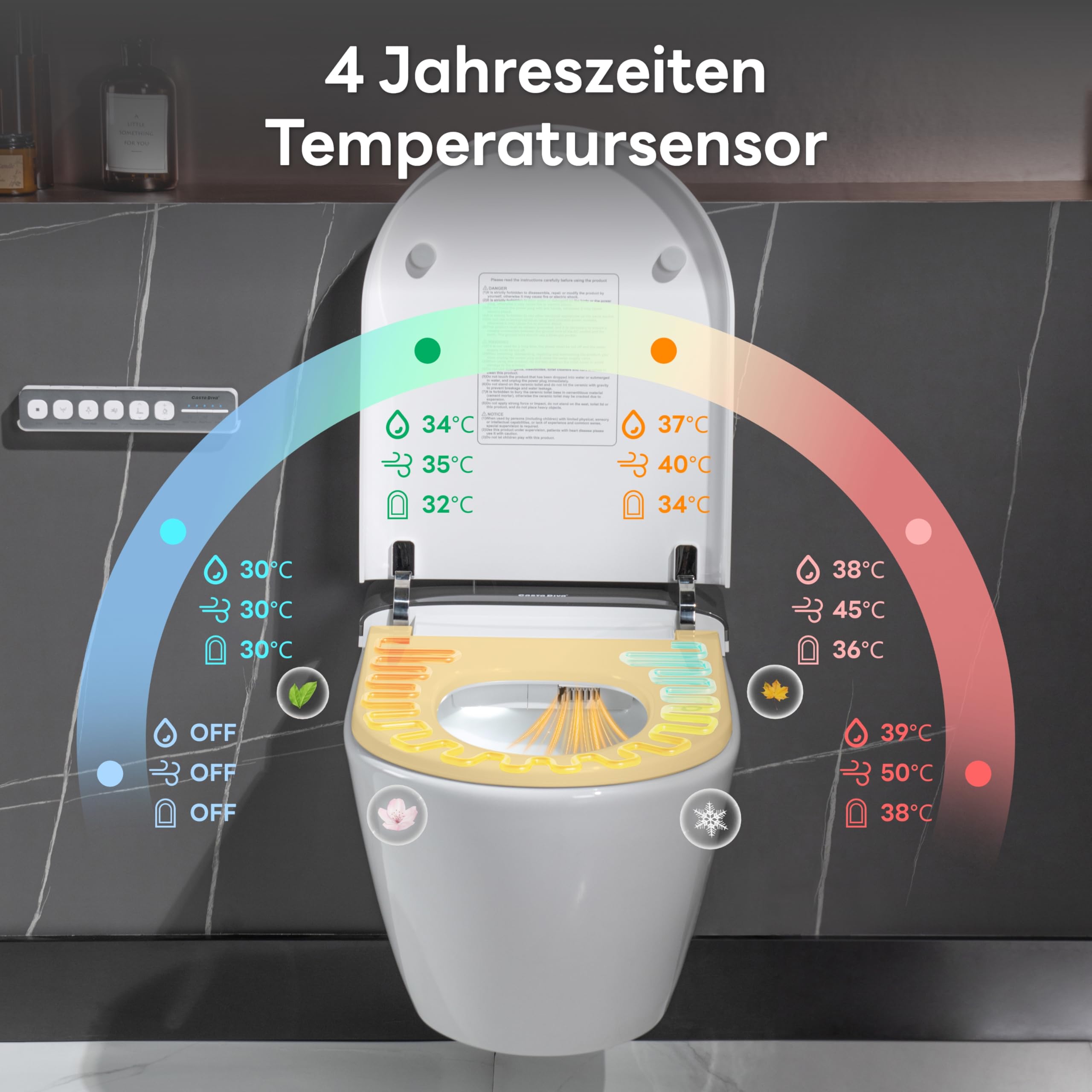 Casta Diva WC z bidetem kompletny zestaw z UV-sterylizacją, wiszące WC z funkcją bidetu, podgrzewane siedzenie, funkcja odkamieniania i neutralizacji zapachów, automatyczne otwieranie i zamykanie