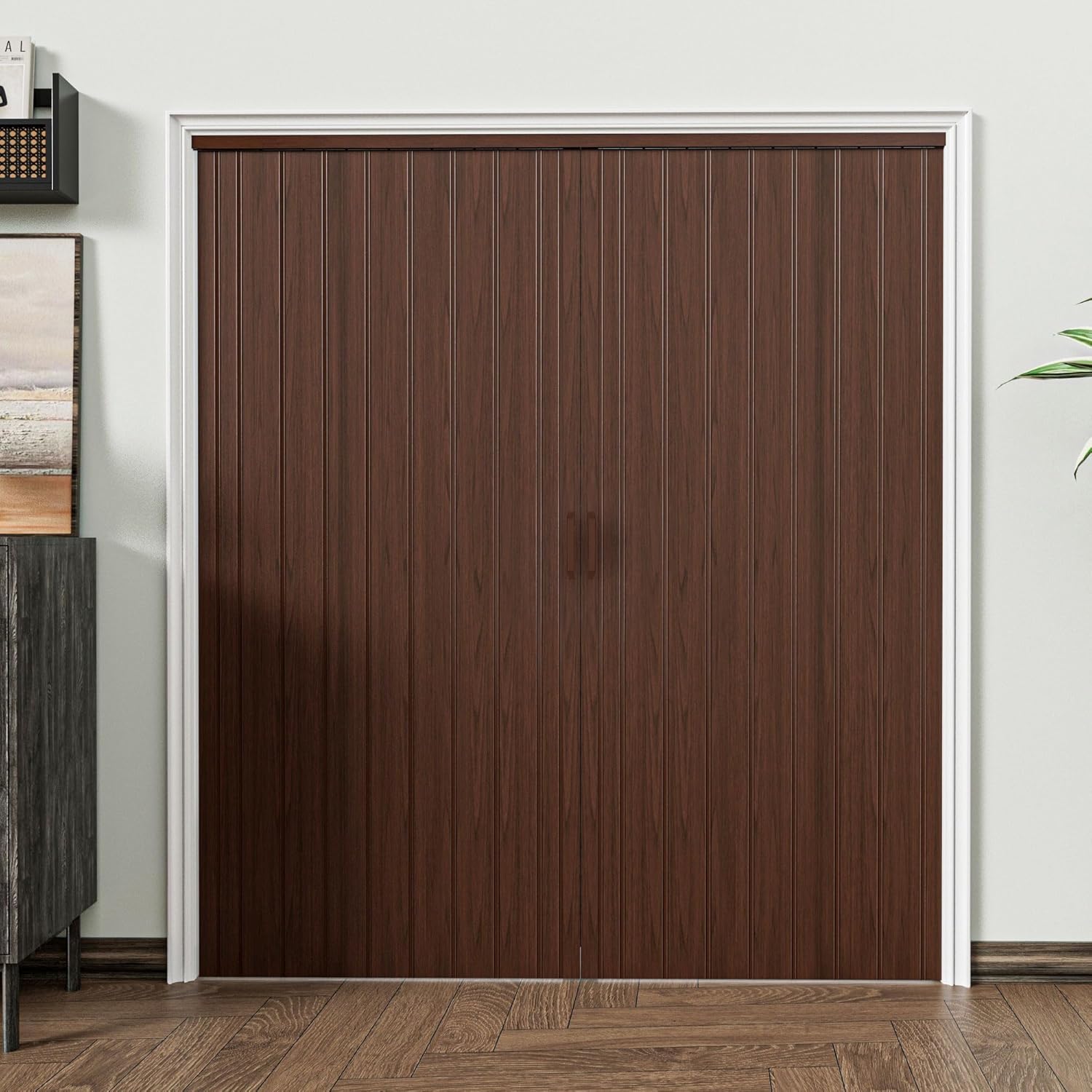 Accordion Doors 48"-72" x 80", with Upgraded Roller & Handle & Complete Hardware, Interior Multifold Folding Doors for Closet & Pantry, Room Divider, Trimmable Height & Width, Space Saving, Walnut