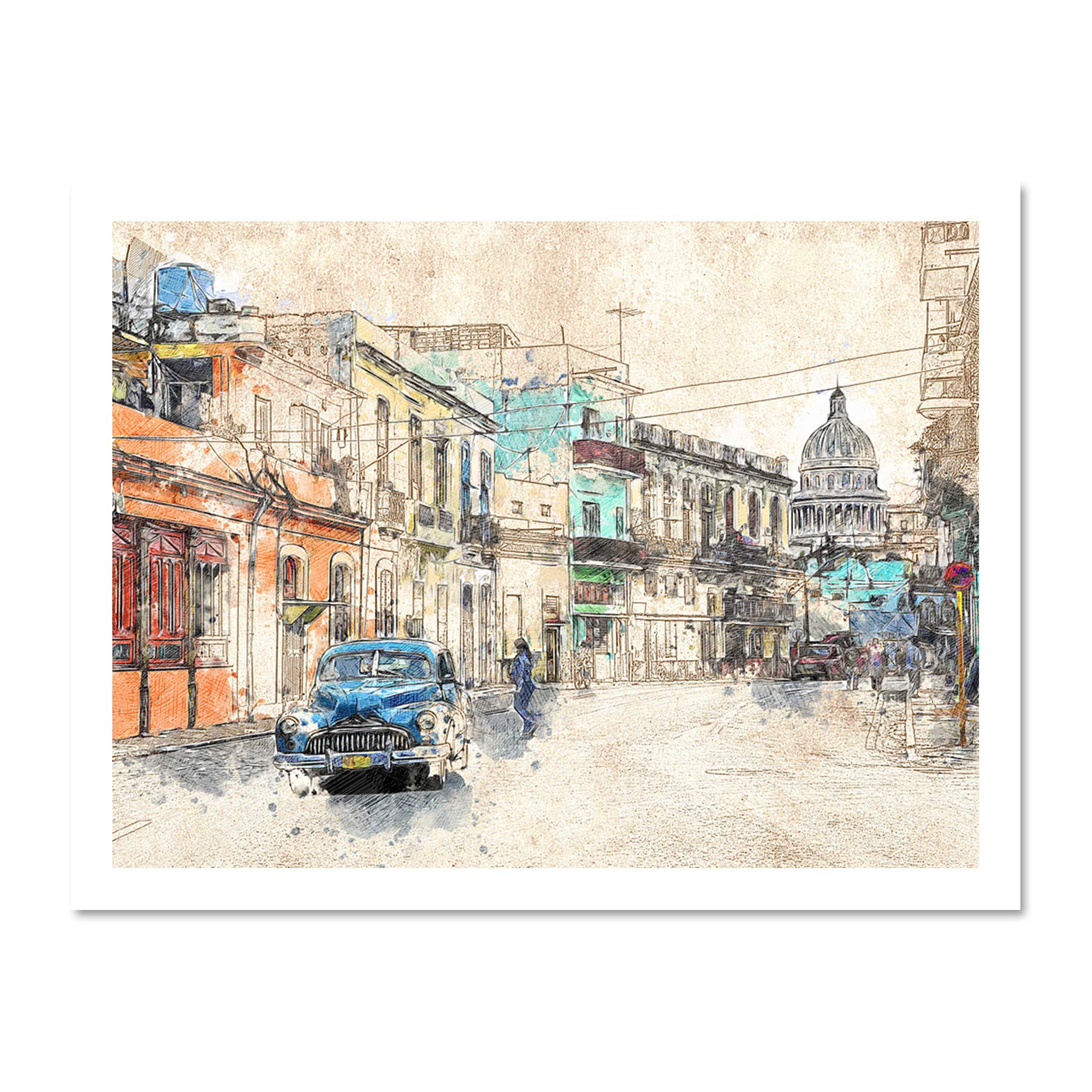 Havana Cuba Street Painting Sketch Large Framed Art Print Poster Wall Decor 18x24 inch