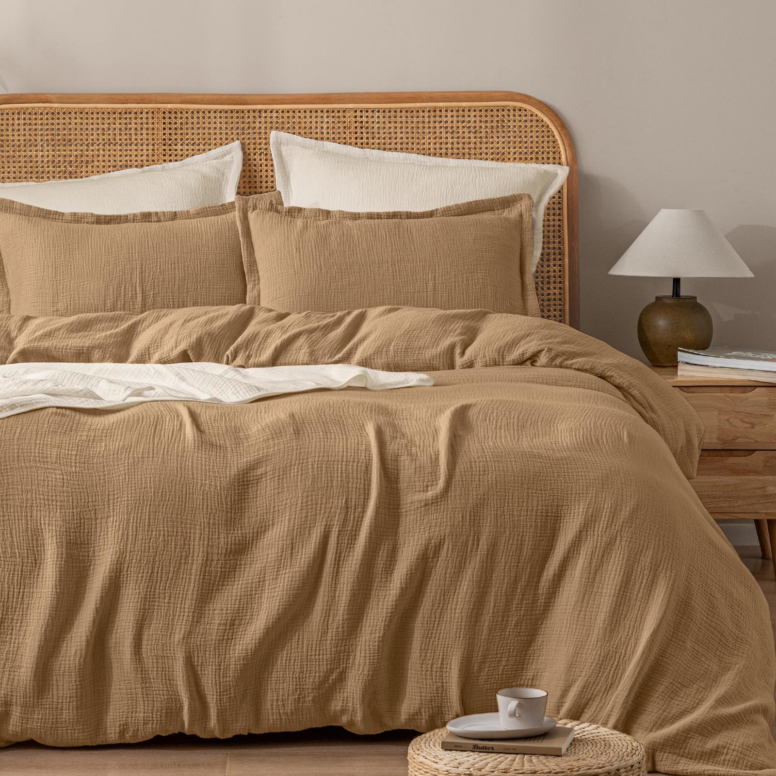 PHF 100% Natural Cotton Muslin Duvet Cover Set Queen Size, Ultra Soft Breathable Absorbent, Luxurious Minimalist Gauze Bedding for All Season, Duvet Set with 2 Pillow Shams, 90" x 90", Brown