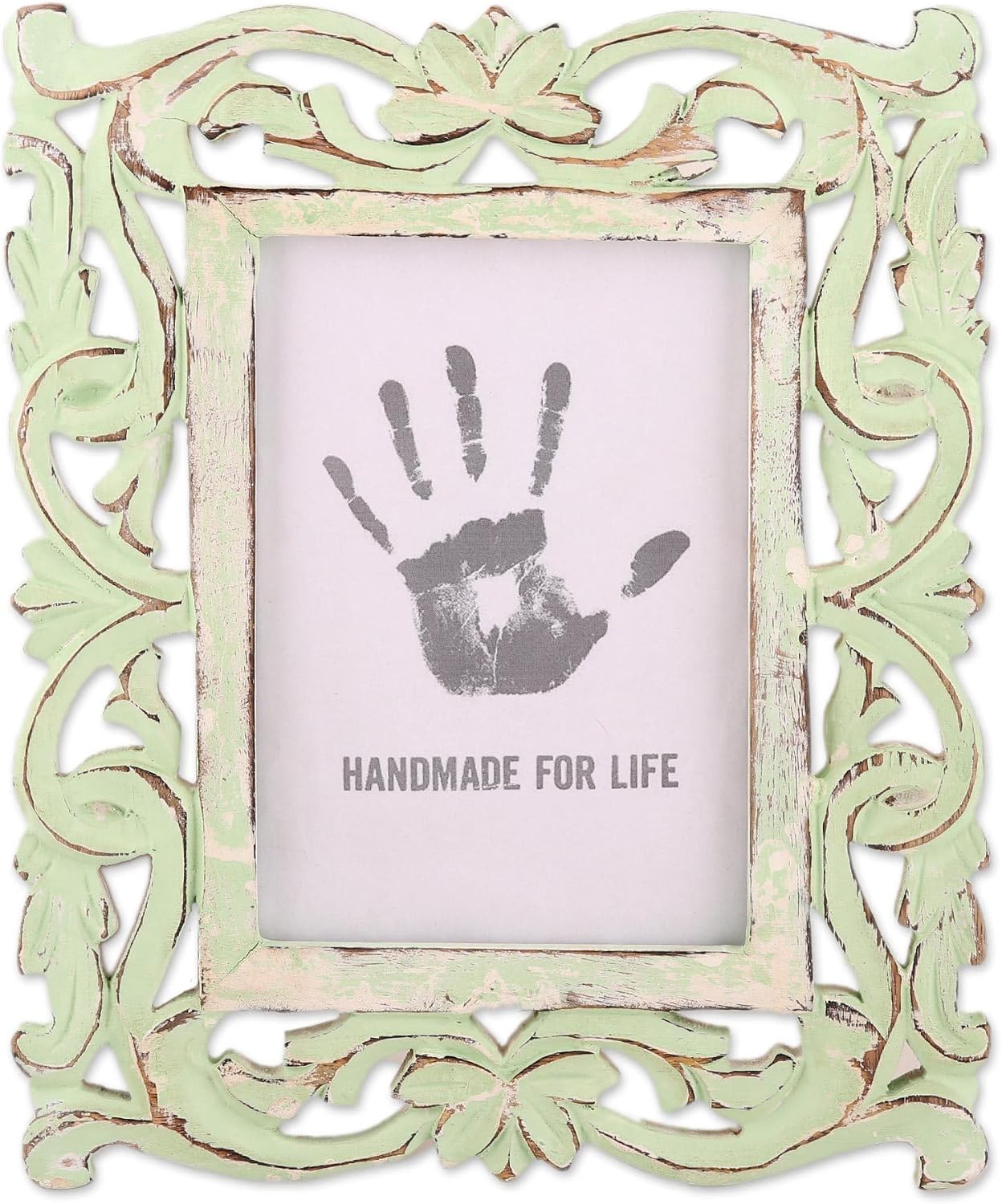NOVICA Artisan Handcarved Wood Photo Frame Sage Green Distressed Mango 5x7 India Decor Accessories Frames Painted Shabby Chic Leaf Tree [frame 11.5in H x 9.5in W x 0.8in D Photo Opening 4.5in W x 6.5]