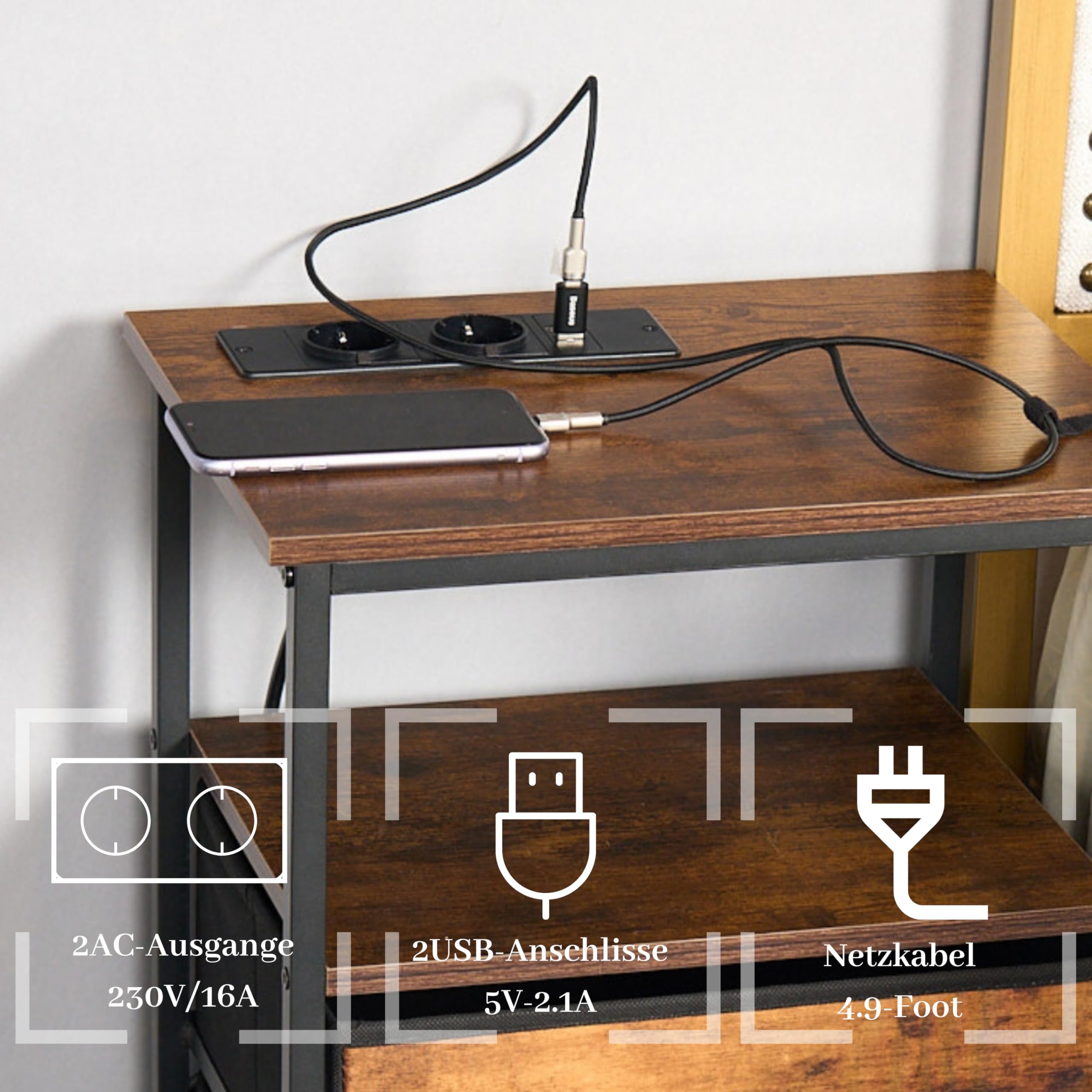 FurnitureR Set von 2 Nachttisch mit LED Ladefunktion, Beistelltisch mit 2 Schubladen. 2 AC Ports.2 USB Ports Nachttische, Endtische für Wohnzimmer, Schlafzimmer, Vintage Braun,40 * 30 * 60cm