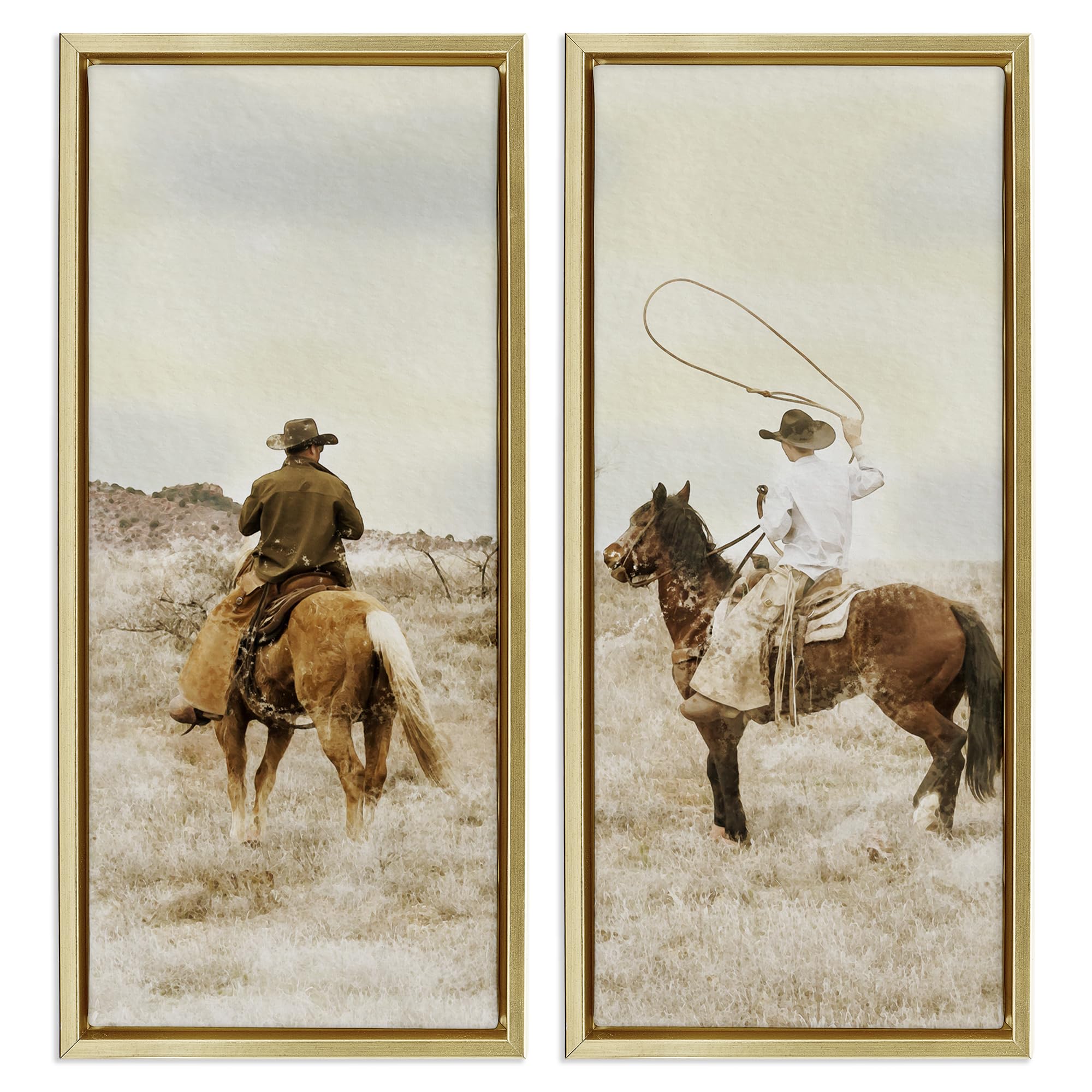 Stupell Industries Metallic Gold (Matte) 'Wrangling Cowboy Duo'| 2Pc Floating Frame Art Set 2