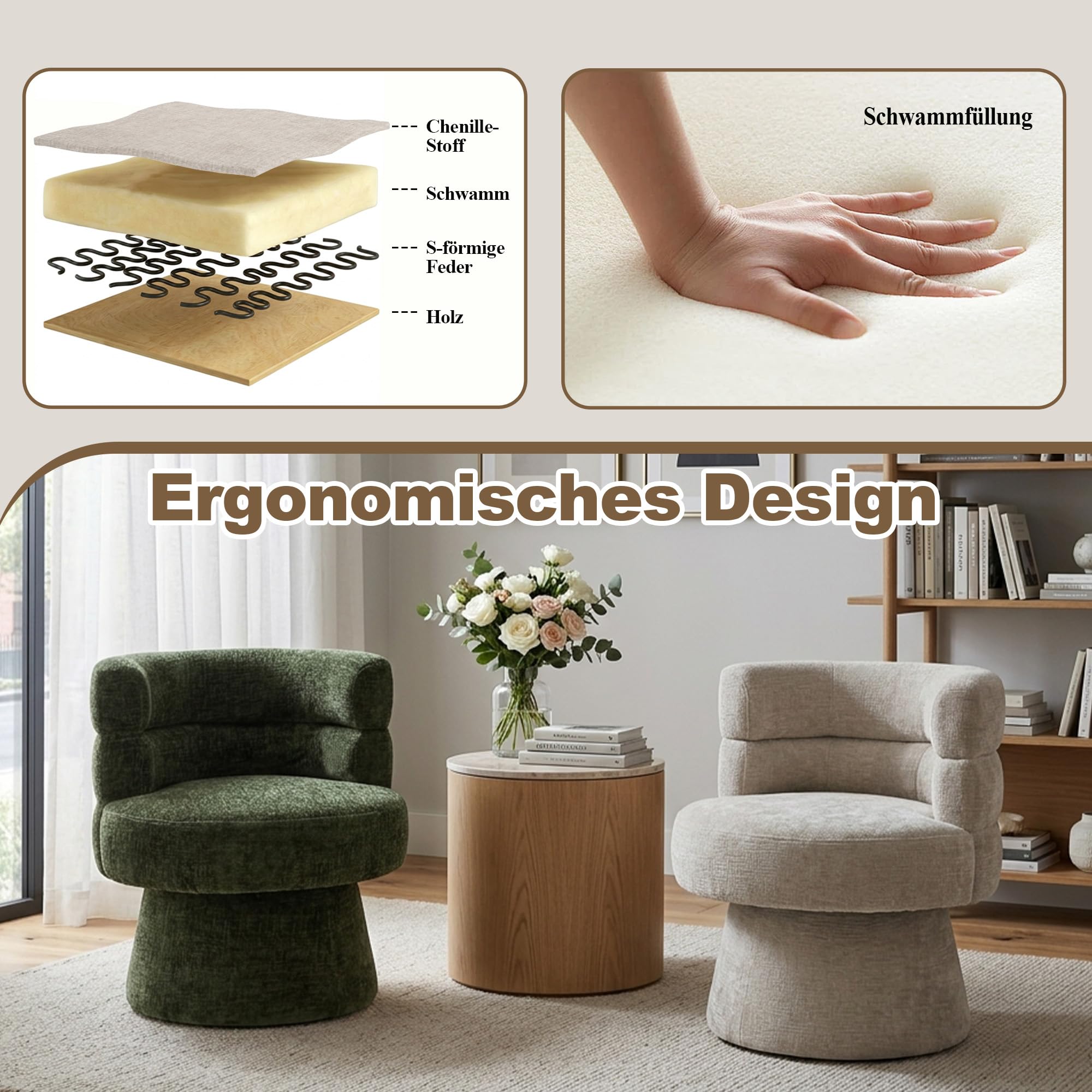 Duhome Loungesessel Wohnzimmer 360° Drehbarer Sessel mit Armlehnen, Relaxsessel aus Chenille Übergroßer Gepolsterter Sitz für Schlafzimmer Büro Lesesaal, Beige