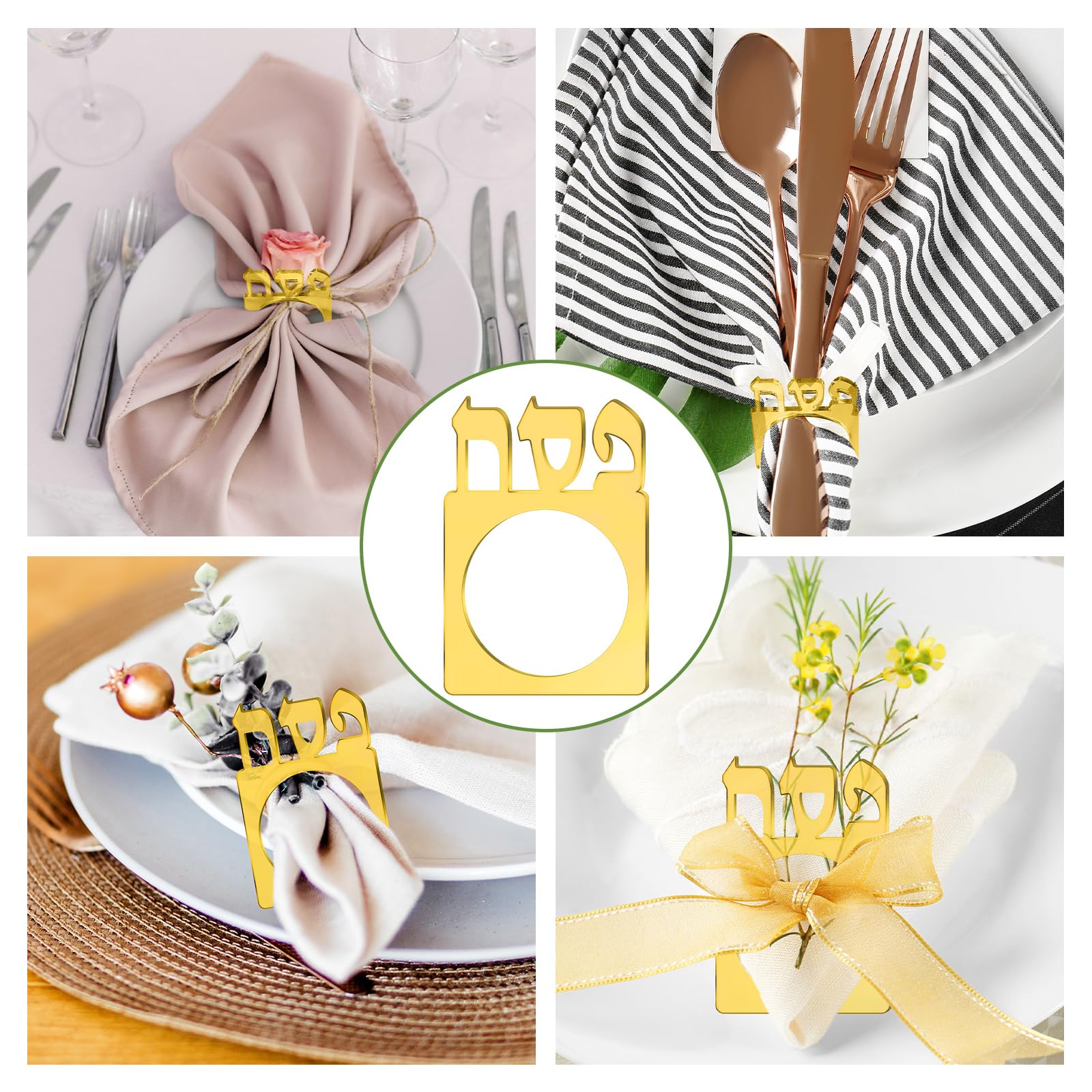 24 servilleteros acrílicos para el Pesaj Seder, servilleteros acrílicos con espejo para decoración de mesa de Pascua judía (dorado)