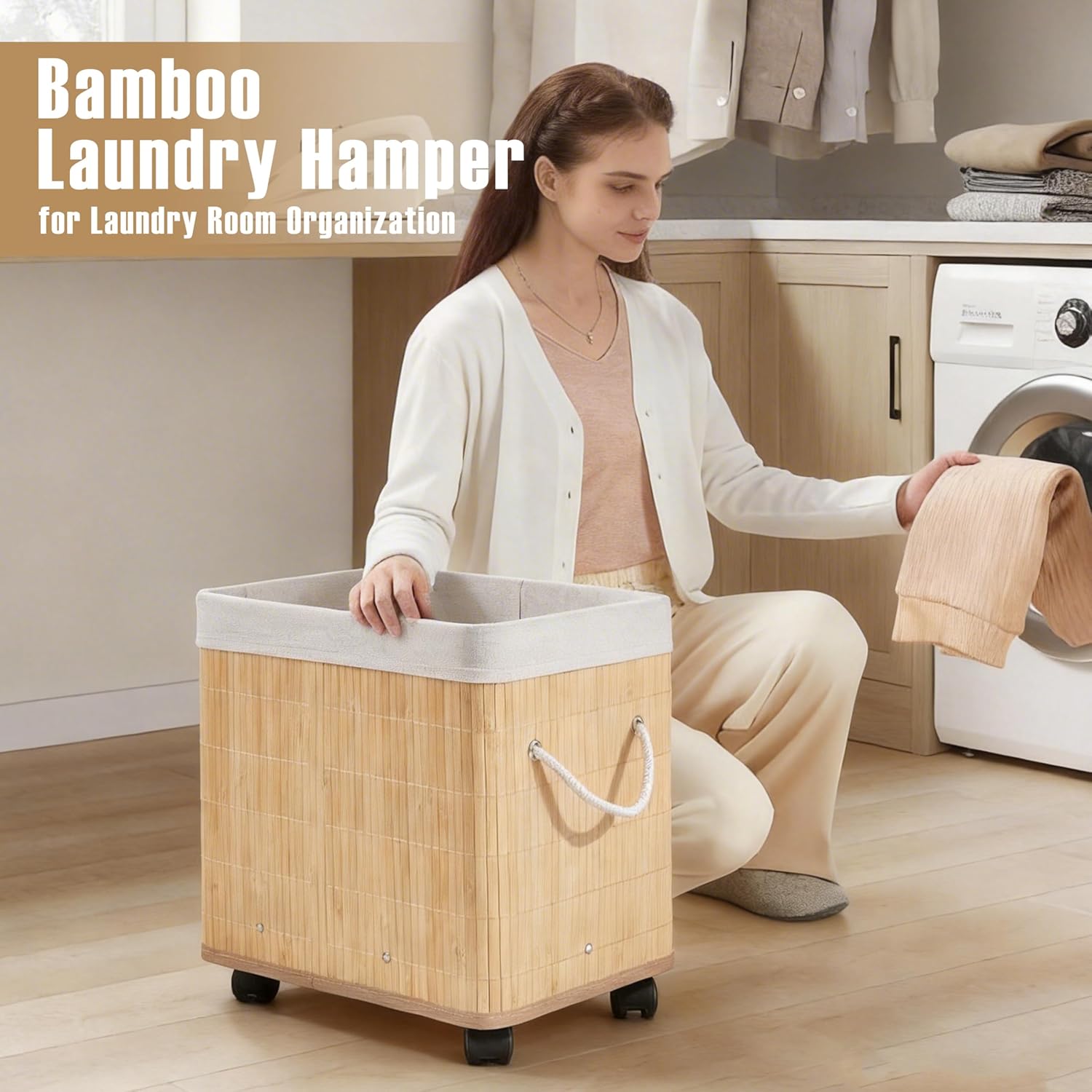 bamboo laundry hamper with Wheel,50L Launry Basket with Handles,Rectangular wicker Clothes Hamper with Removable Liner & wheels for Small Spaces, Laundry Room, Bedroom (Natural)