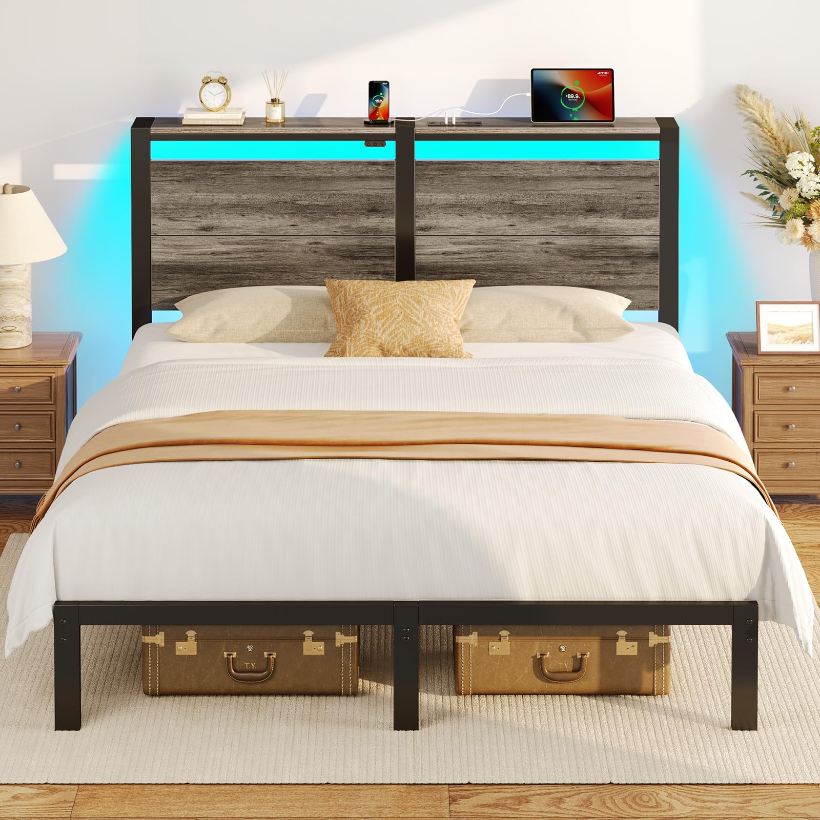 Rolanstar Queen Bed Frame with Charging Station, LED Bed Frame Queen with Wood Storage Headboard, Platform Bed with Metal Slats & Under Bed Storage, No Box Spring Needed, Noise Free, Deep Grey