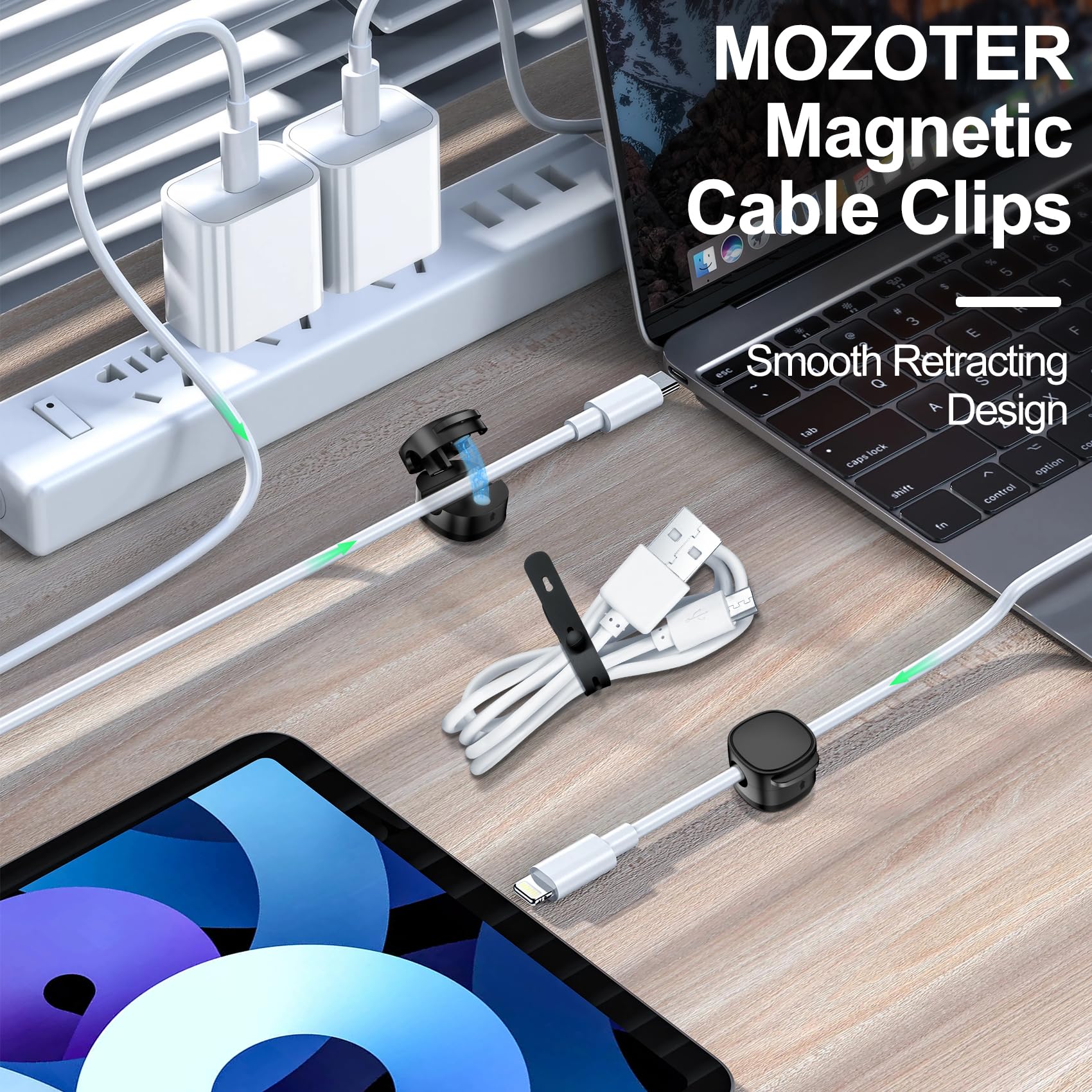 Paquete de 6 clips magnéticos para cables y bridas para cables, soporte para cables [organizador ajustable suave para cables], gestión de cables debajo del escritorio, soporte adhesivo para cables de