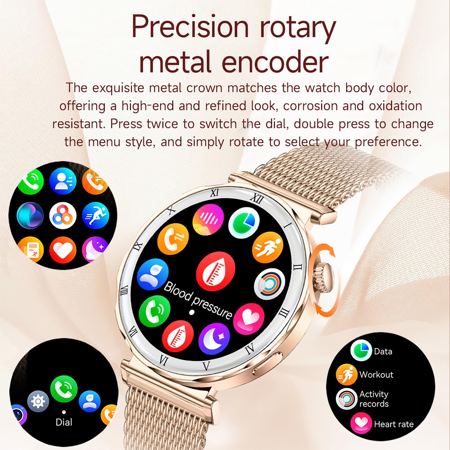 Reloj inteligente para mujer AMOLED de 1,19 pulgadas con función de teléfono, monitor de sueño en el corazón, presión arterial SpO2, modo multideporte, reloj de fitness, resistente al agua, correa de