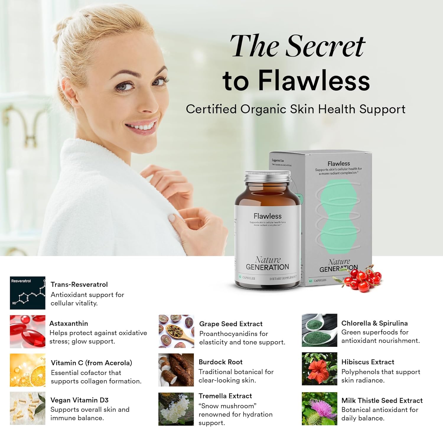 Organic Vegan Skin Cellular Health Supplement - Vitamin C, Trans-Resveratrol and Astaxanthin for Whole Body Skin Elasticity, Tone & Barrier Support - 60 Capsules