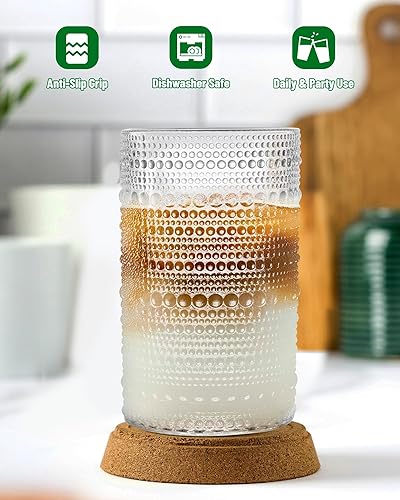 Miniatura 6 de Juego de 6 vasos para beber con patrón de puntos vintage, vasos de vidrio transparente de 13 onzas, cristalería texturizada en relieve con diseño