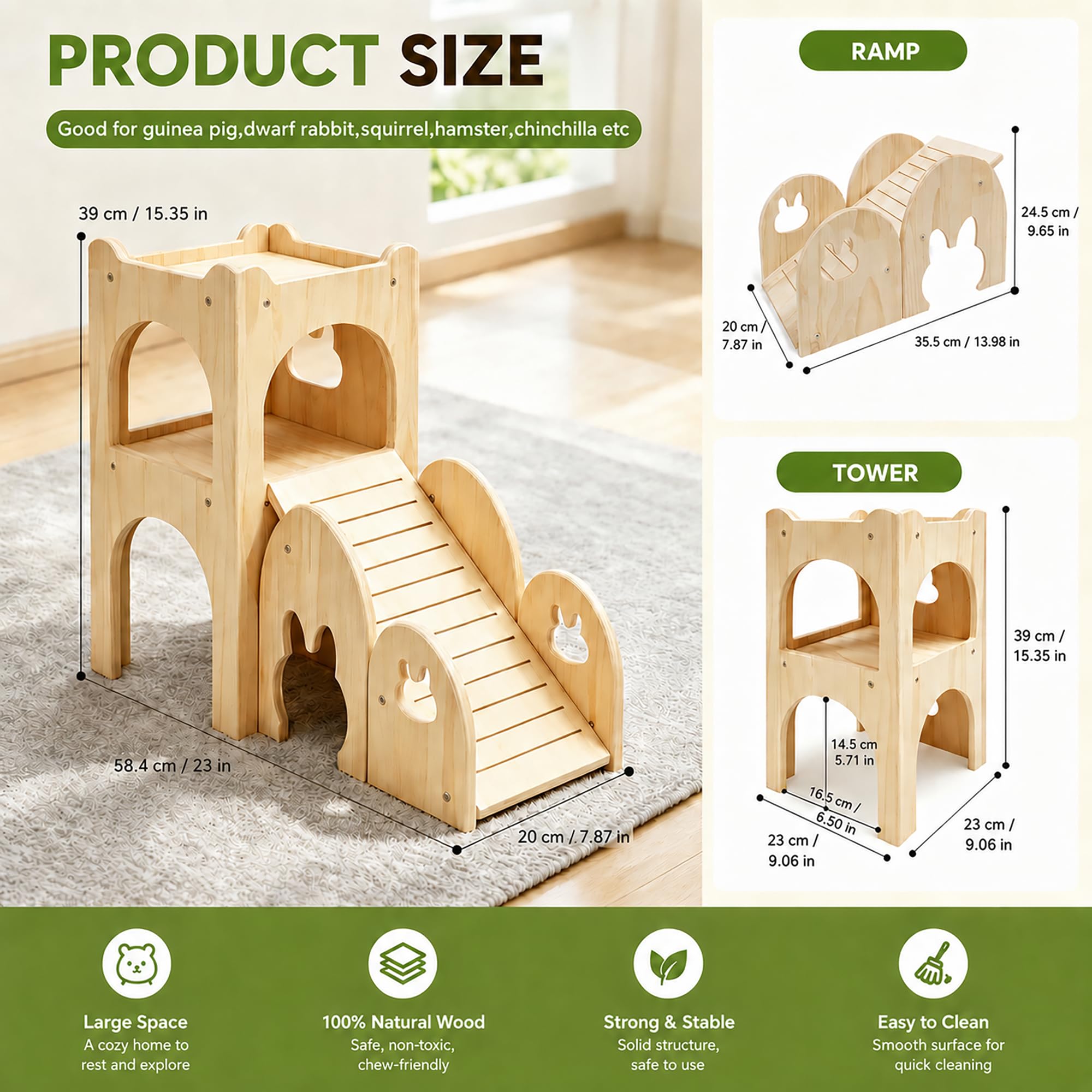 Großes Kaninchenversteck aus dickem hartem Holz, Hasenhaus-Schloss, Kletterturm, abnehmbares Spielhaus, belüftetes Meerschweinchen-Holzversteck für Hamster, Chinchillas, 2 Stück