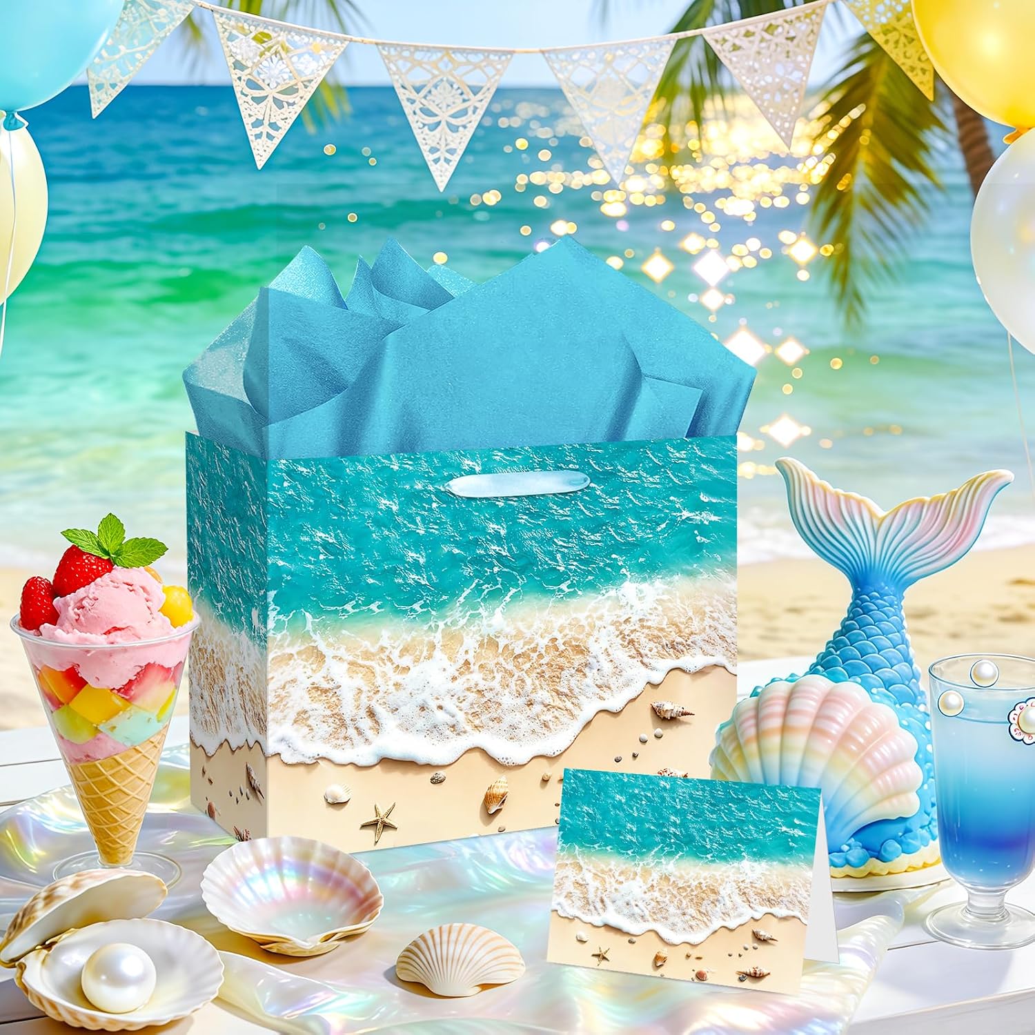 TagreSpike Beach Gift Bag with Tissue Paper and Card Summer Beach Goodie Candy Bags Seashell Blue Ocean Wave Summer Pool Party Favors Supplies for Holiday Birthday Wedding Luau Tropical Party