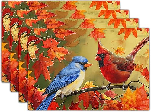 Miniatura 41 de Juego de 4 manteles individuales de primavera, diseño de pájaros azules, flores, flores, estación, primavera, floral, lavable, rústico, decoración