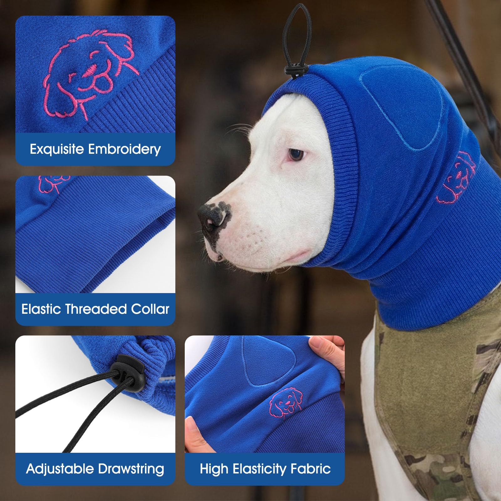 SUNFURA No Shake Ear Wraps for Dogs, Adjustable Dog Ear Cover with SoundProof Pads, Anxiety Relief Pet Ear Muffs Noise Protection Dog Calming Hoodie for Hematoma, Grooming, Fireworks, Thunder, Blue M — view 6