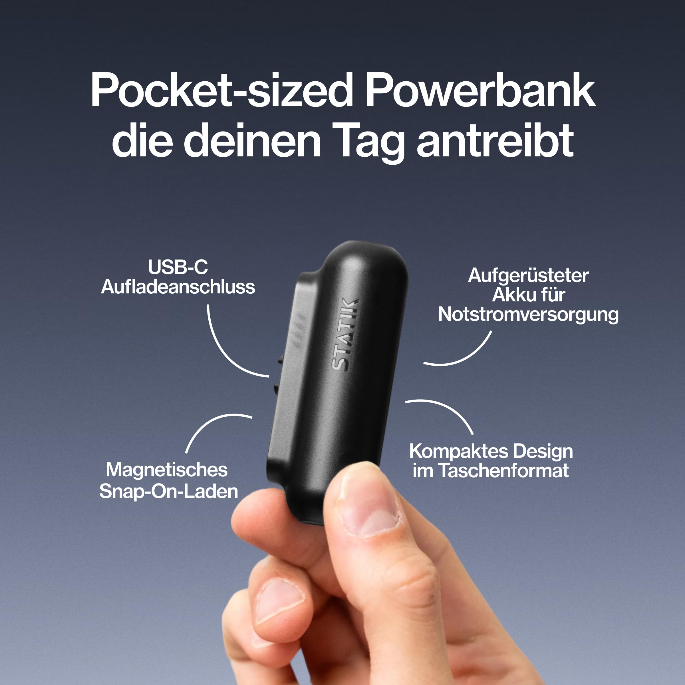 STATIK Snap-N-Charge (Gen 3) Mini Powerbank, tragbares Ladegerät für alle Geräte, 3-in-1 Magnet-Adaptern (USB-C, Micro-USB, iProduct), kompakt, 3.200 mAh, 10W, Schwarz, 3er-Pack