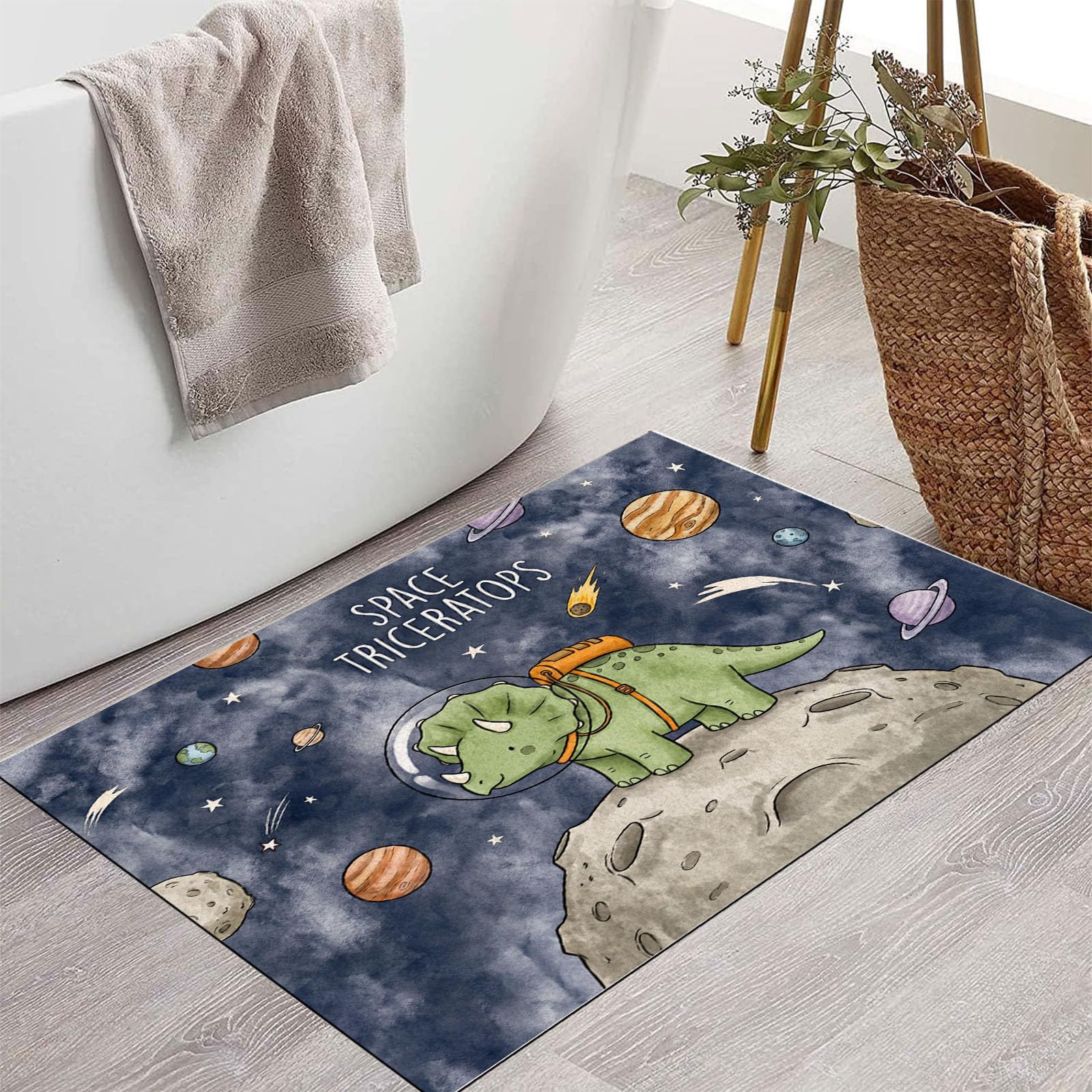 Felpudo Ultrafino Para Interiores,80X120Cm,Astronautas Animales Dibujos Animados Alfombra Antideslizante Lavable Para Entrada,Lindo Dinosaurios Universo Felpudo De Perfil Bajo,Atrapa Suciedad,Azul