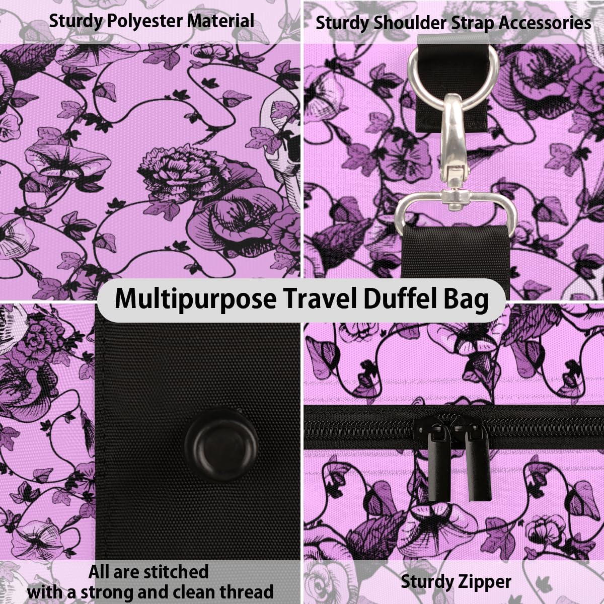 Beautiful Flower Skulls Travel Duffel Bag for Women Men Large Capacity Overnight Weekender Bags for Lightweight Waterproof Sport Gym Bag for Workout Yoga Swim