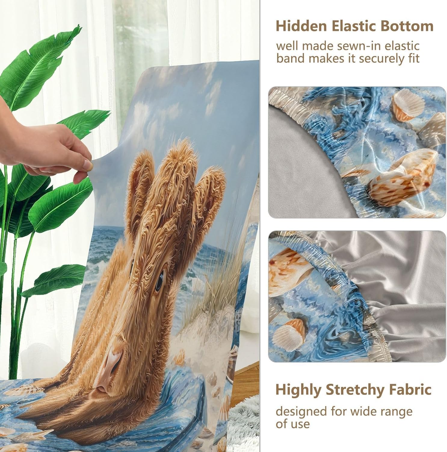 ALAZA Chair Covers for Dining Room, Highland Cow Beach Stretch Chair Cover Sets Chair Protector Removable Washable for Ktichen Restaurant Hotel