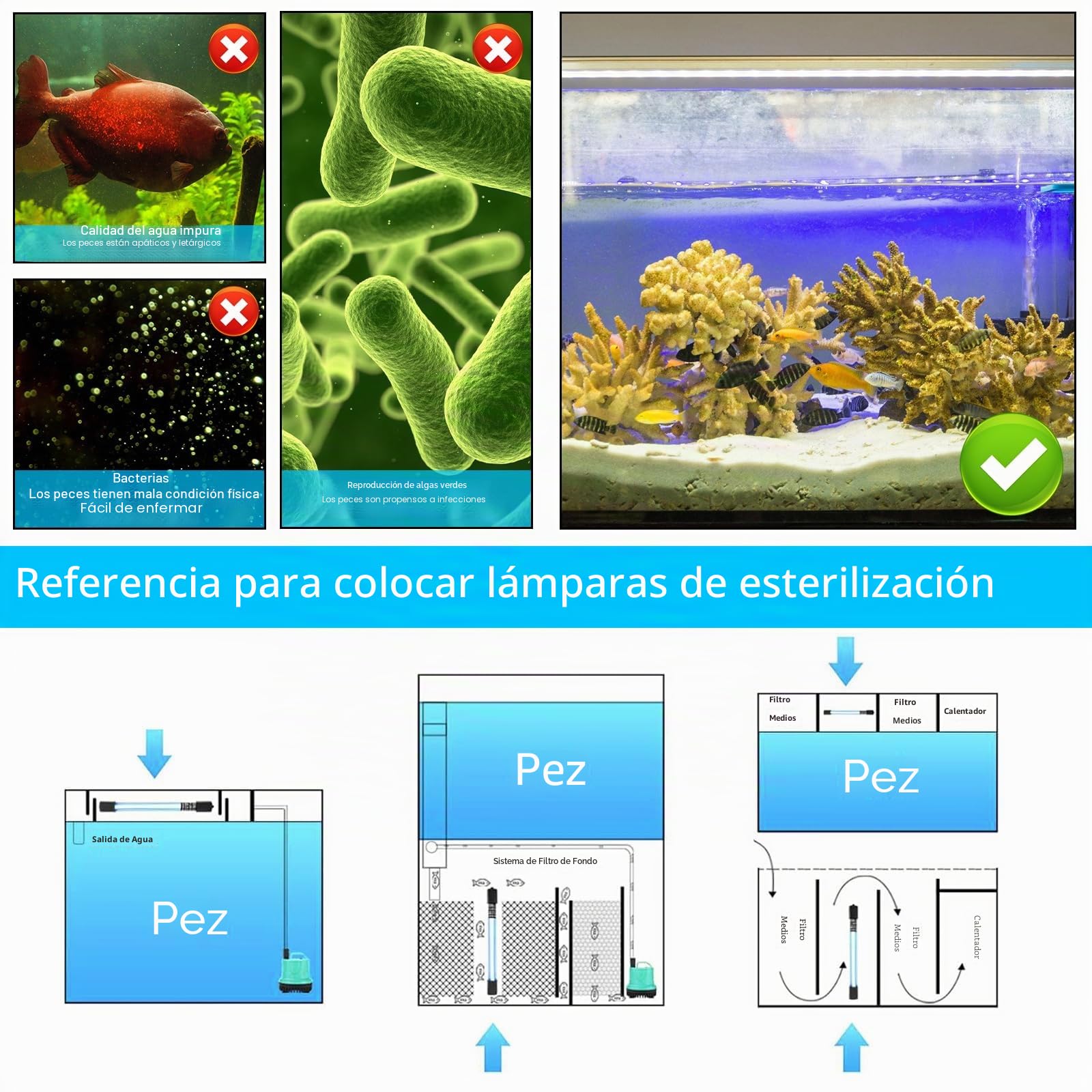 Lámpara esterilizadora UV para acuarios con temporizador de 13 W: Aclarador de agua UV para acuarios contra algas y bacterias, luz UV para piscinas de filtro, estanques, acuarios, lámpara de limpieza