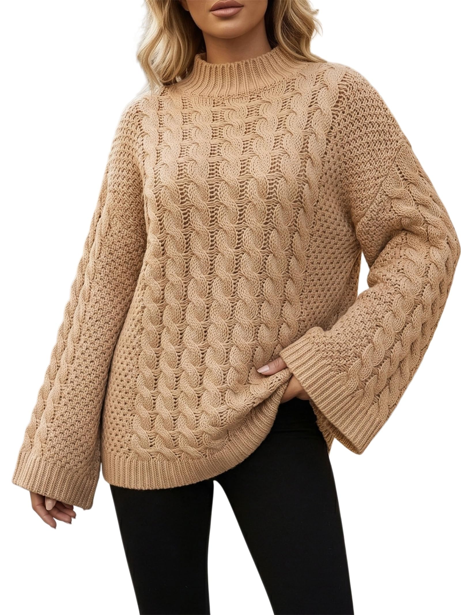 Maglione da donna a collo alto, lavorato a maglia, oversize, con maniche a