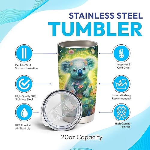 Miniatura 4 de Hyturtle Regalos personalizados para amantes de los koalas, vaso de acero inoxidable con nombre personalizado de 20 onzas con tapa, ideal para