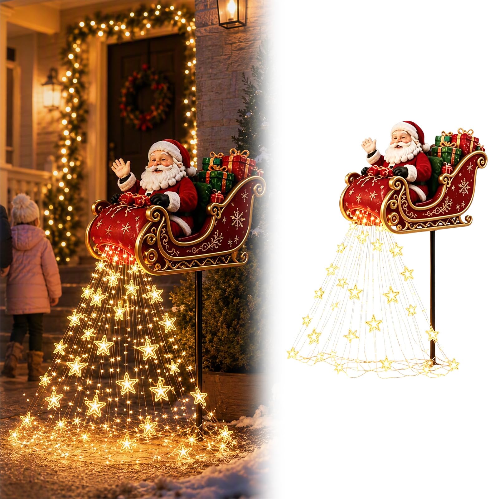 Santa's Flying Sleigh Solar Christmas Garden Light, Warm Golden Cascade with Gifts Stars and Snowflakes, Auto Charging Outdoor Holiday Ornament for Lawn Pathway Porch and Yard Display,Santa — image 1
