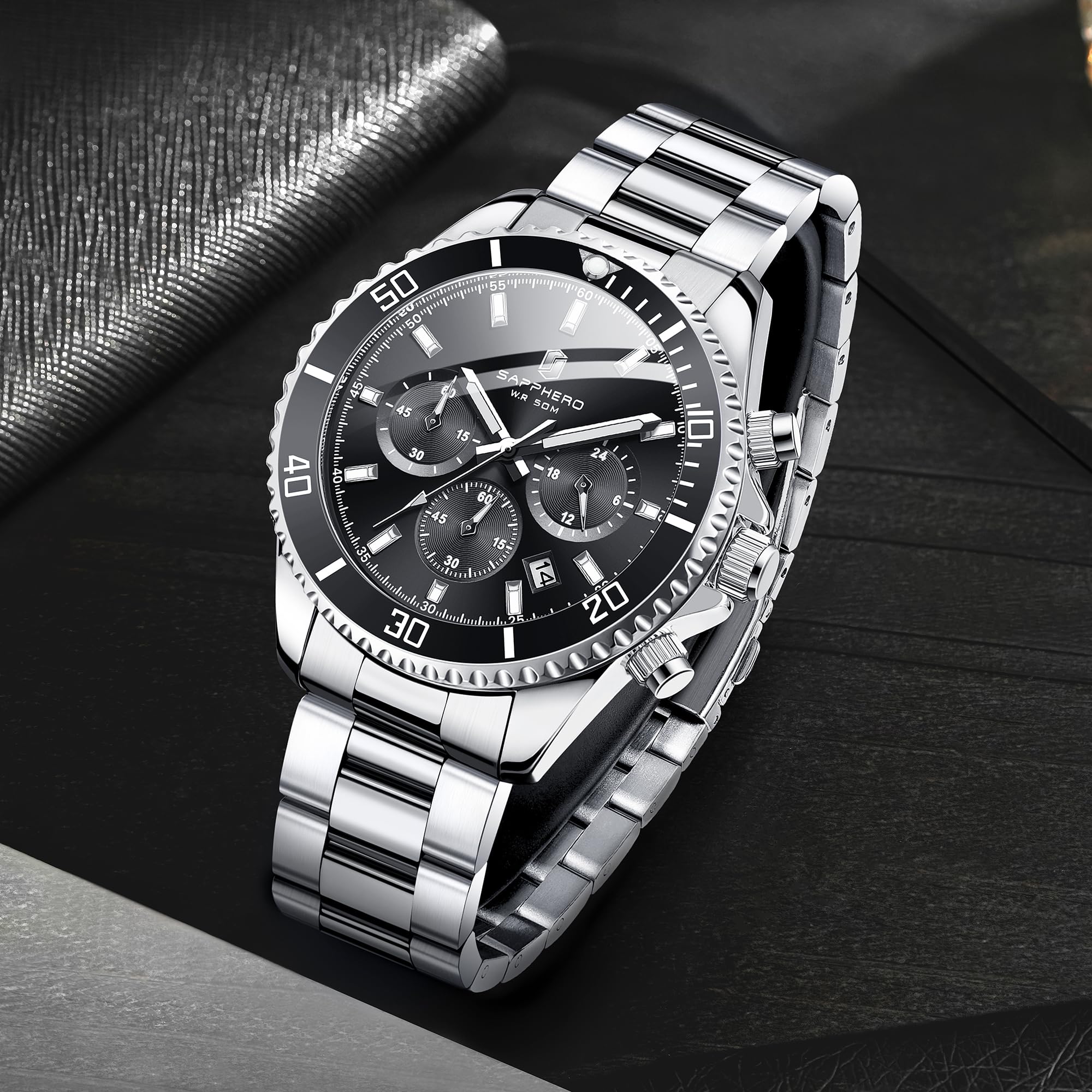 SAPPHERO Uhren Herren Chronograph Analog Quarz 50M Wasserdicht Armbanduhr Herren Mode Lässig Business Herrenuhren mit Kalender Edelstahlarmband Uhr Geschenk für Männer