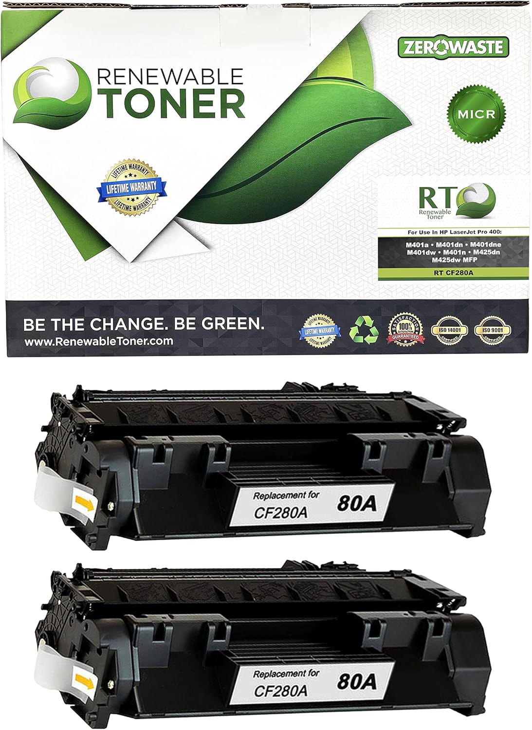 Renewable Toner Compatible MICR Toner Cartridge Replacement for HP 80A CF280A for HP LaserJet Pro 400 M401 M425 (Black, 2-Pack)