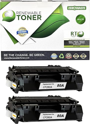 Renewable Toner Compatible MICR Toner Cartridge Replacement for HP 80A CF280A for HP LaserJet Pro 400 M401 M425 (Black, 2-Pack)