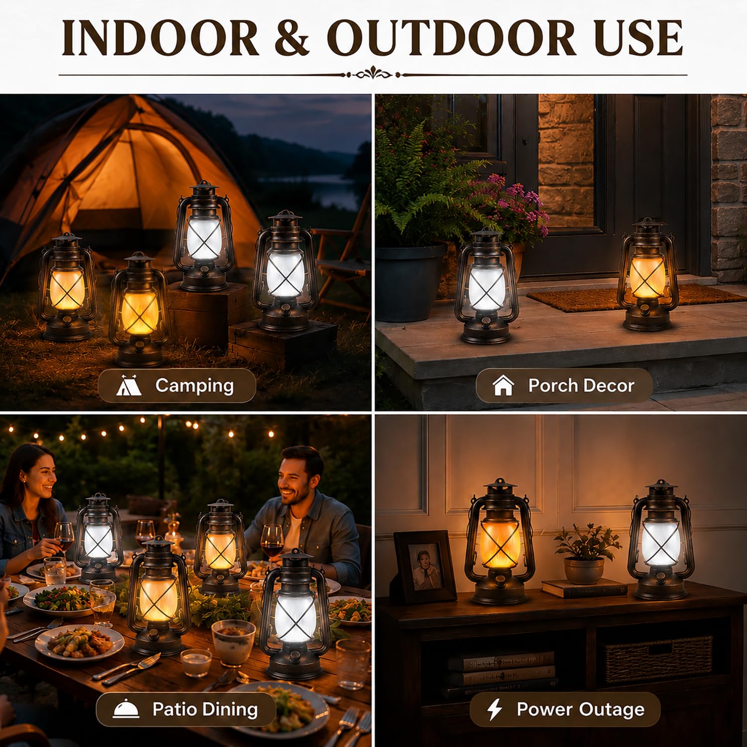 Wiederaufladbare LED-Laternen, 4 Stück, USB-Aufladung, Vintage-Bronze, Campinglampen mit flackernder Flamme, Fernbedienung, 4 Modi, Hängeleuchten für Terrasse, Garten, Veranda, Hinterhof, Innen- und