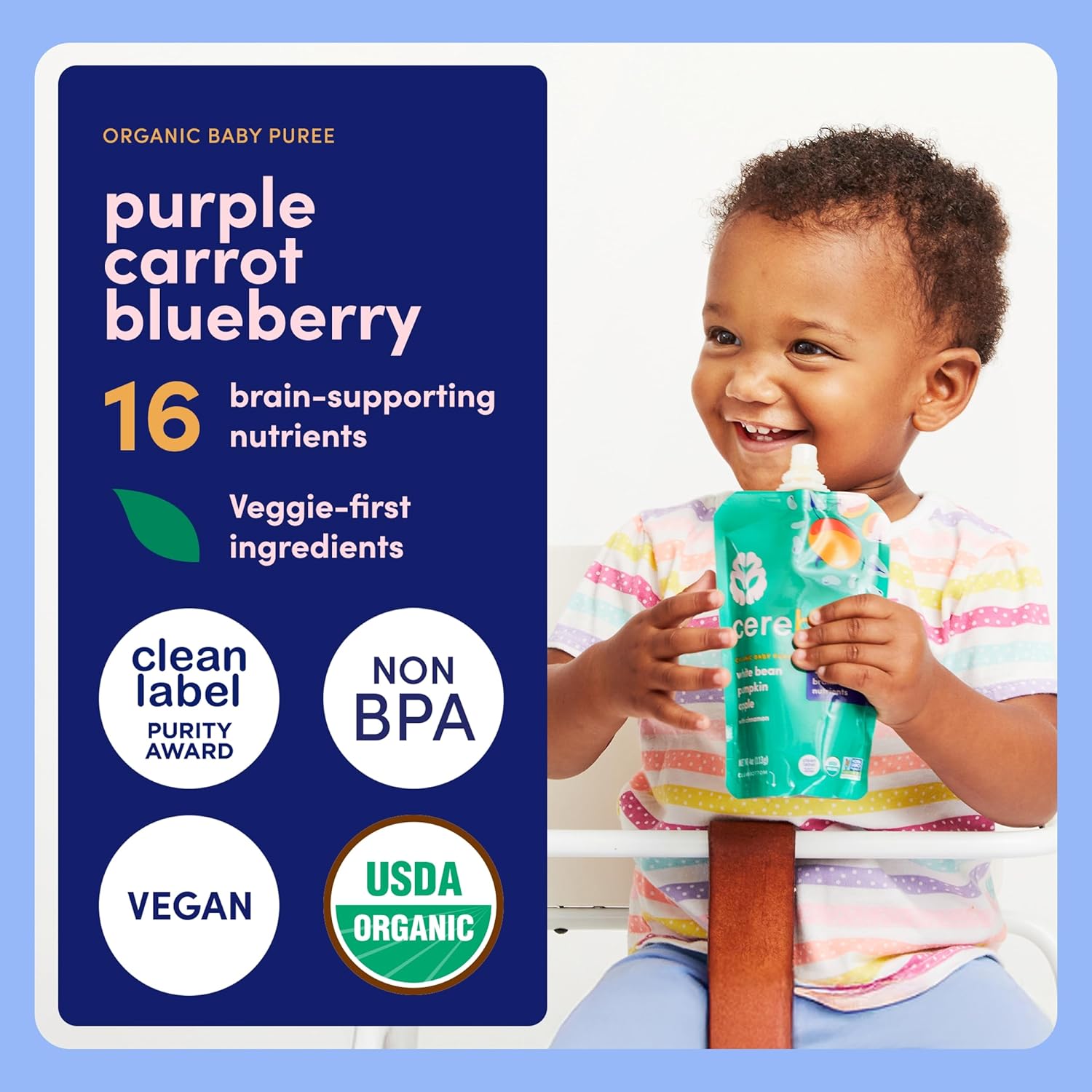 Cerebelly Organic Baby Food Pouches, Purple Carrot Blueberry Dairy-Free Smoothies, 16 Nutrients, No Added Sugar, Fiber & Non-GMO, 4oz, 12 Pack