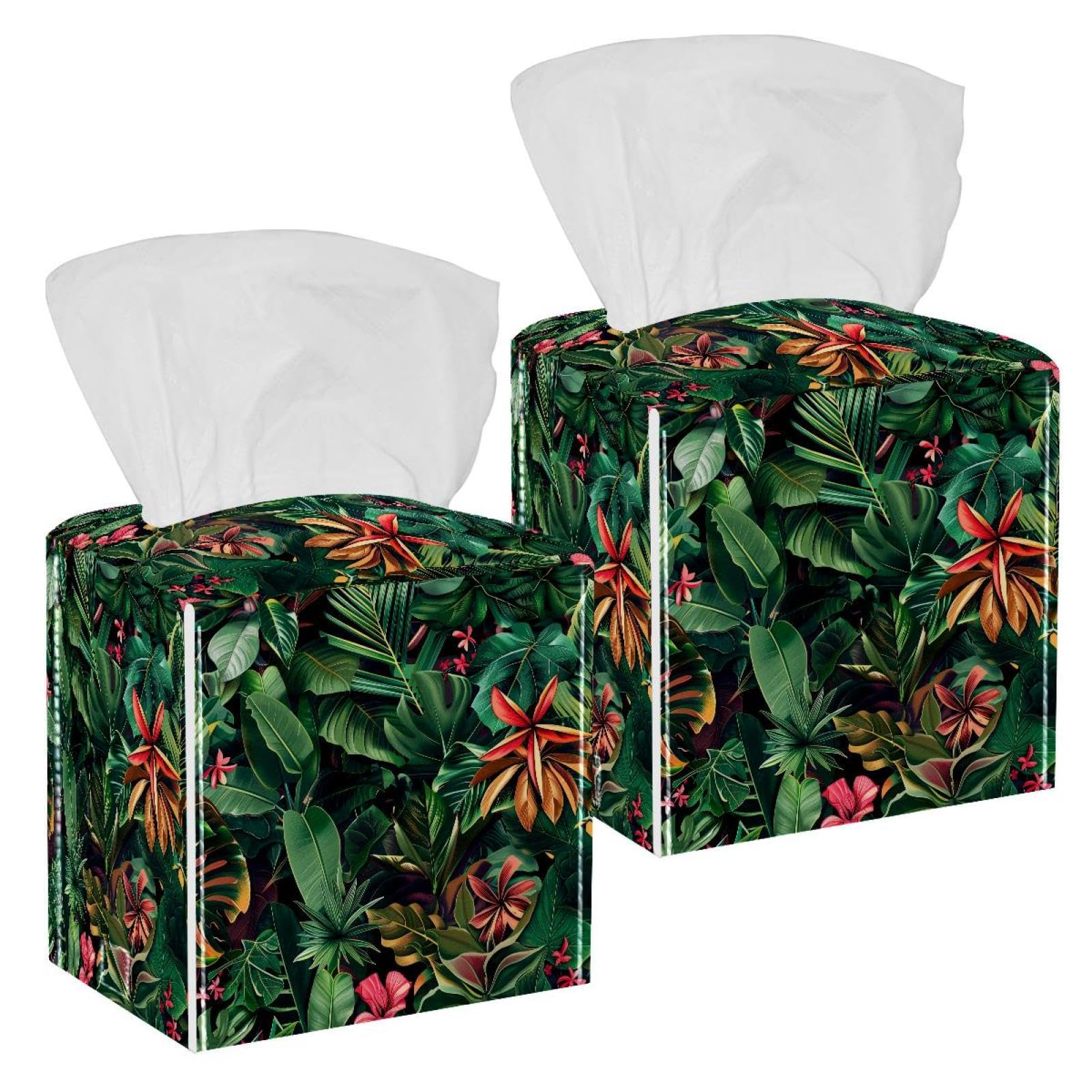 Tropical Palm Tissue Box Cover, 2 Pack PU Leather Square Facial Tissue Dispenser Box holder for Home Office Car